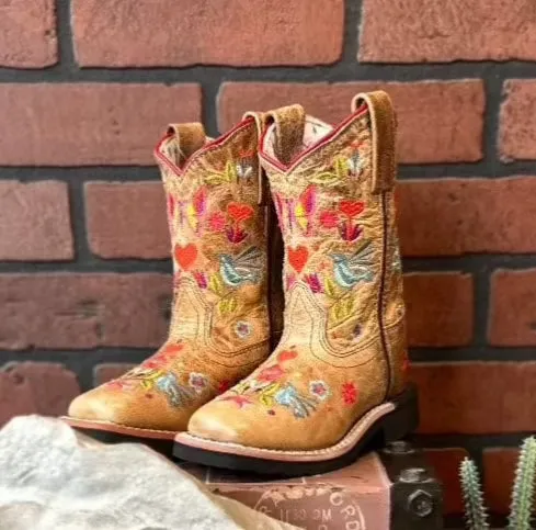 Protective Footwear Dan Post Children/Youth Girl's Taupe Fleur Embroidered Square Toe Western Cowgirl Boot DPC2949 DPC3949