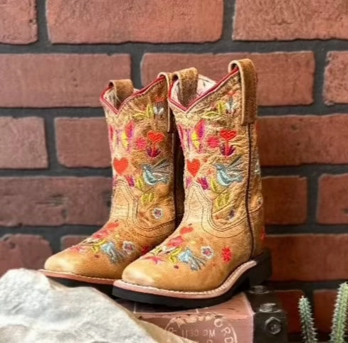 Protective Footwear Dan Post Children/Youth Girl's Taupe Fleur Embroidered Square Toe Western Cowgirl Boot DPC2949 DPC3949
