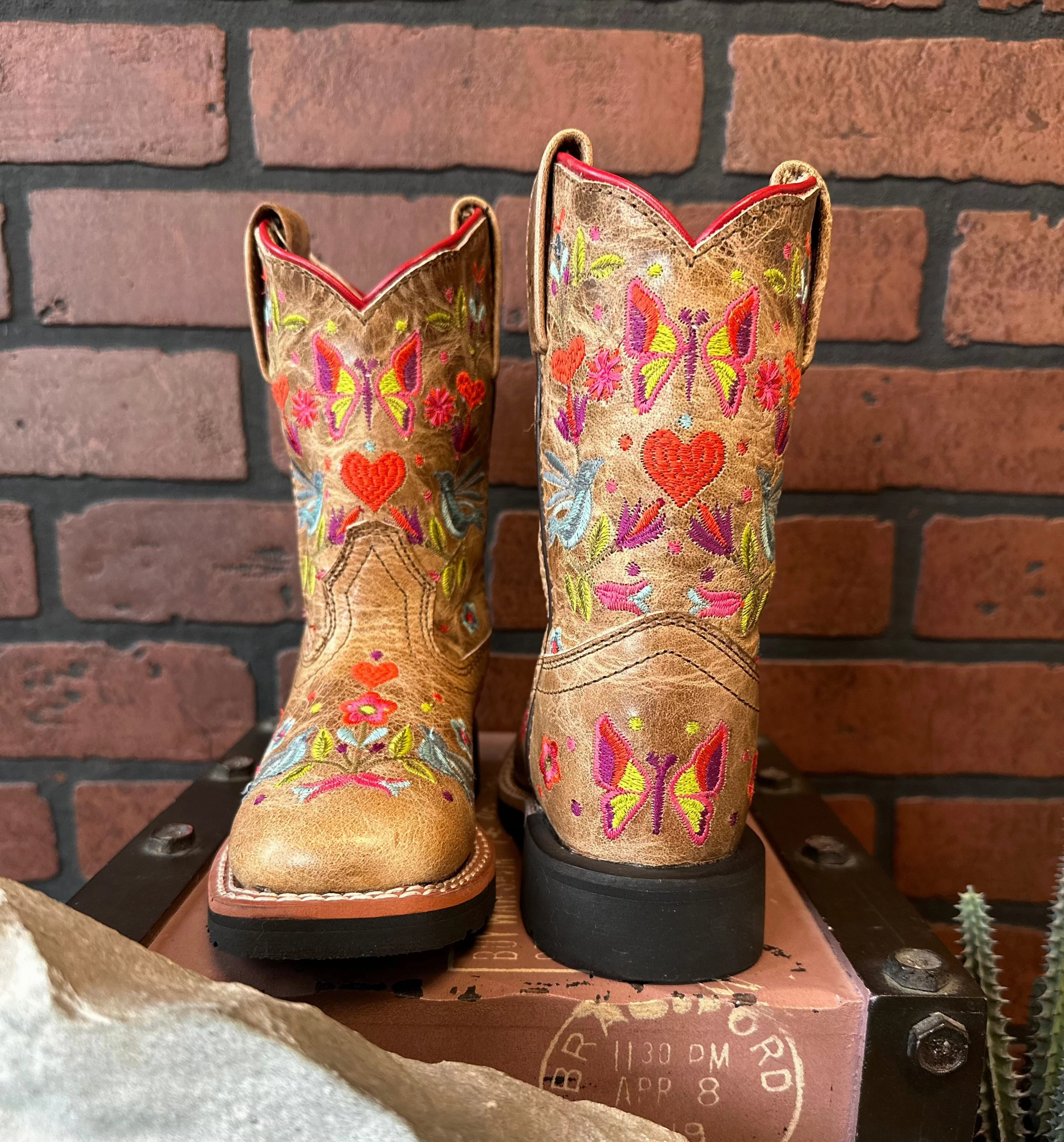 Dan Post Children/Youth Girl's Taupe Fleur Embroidered Square Toe Western Cowgirl Boot DPC2949 DPC3949 Street Sound Warehouse Worker