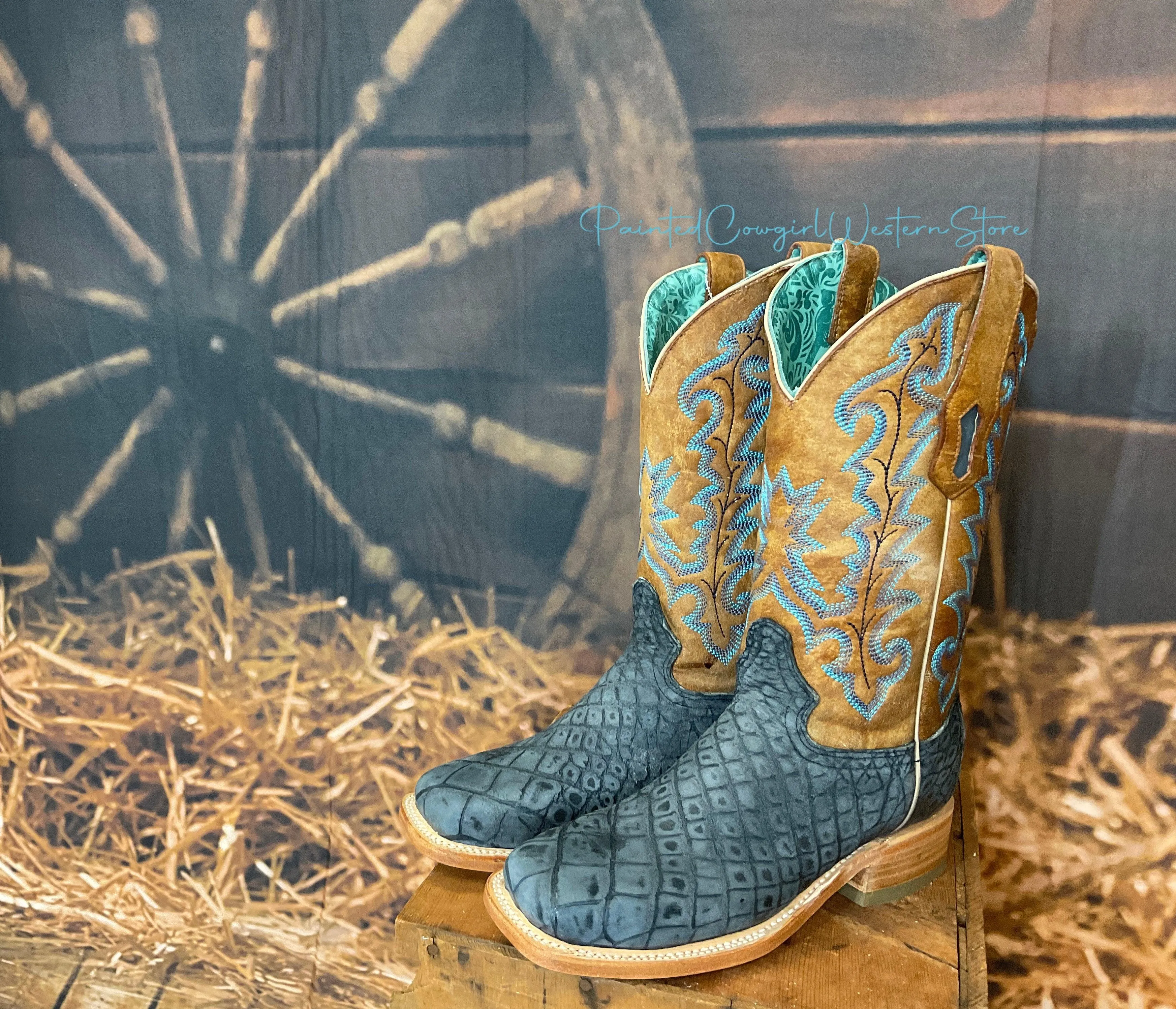 Corral Womens Sand & Blue Alligator Square Toe Cowgirl Boots A4199 Cold Proof Urban Explorer