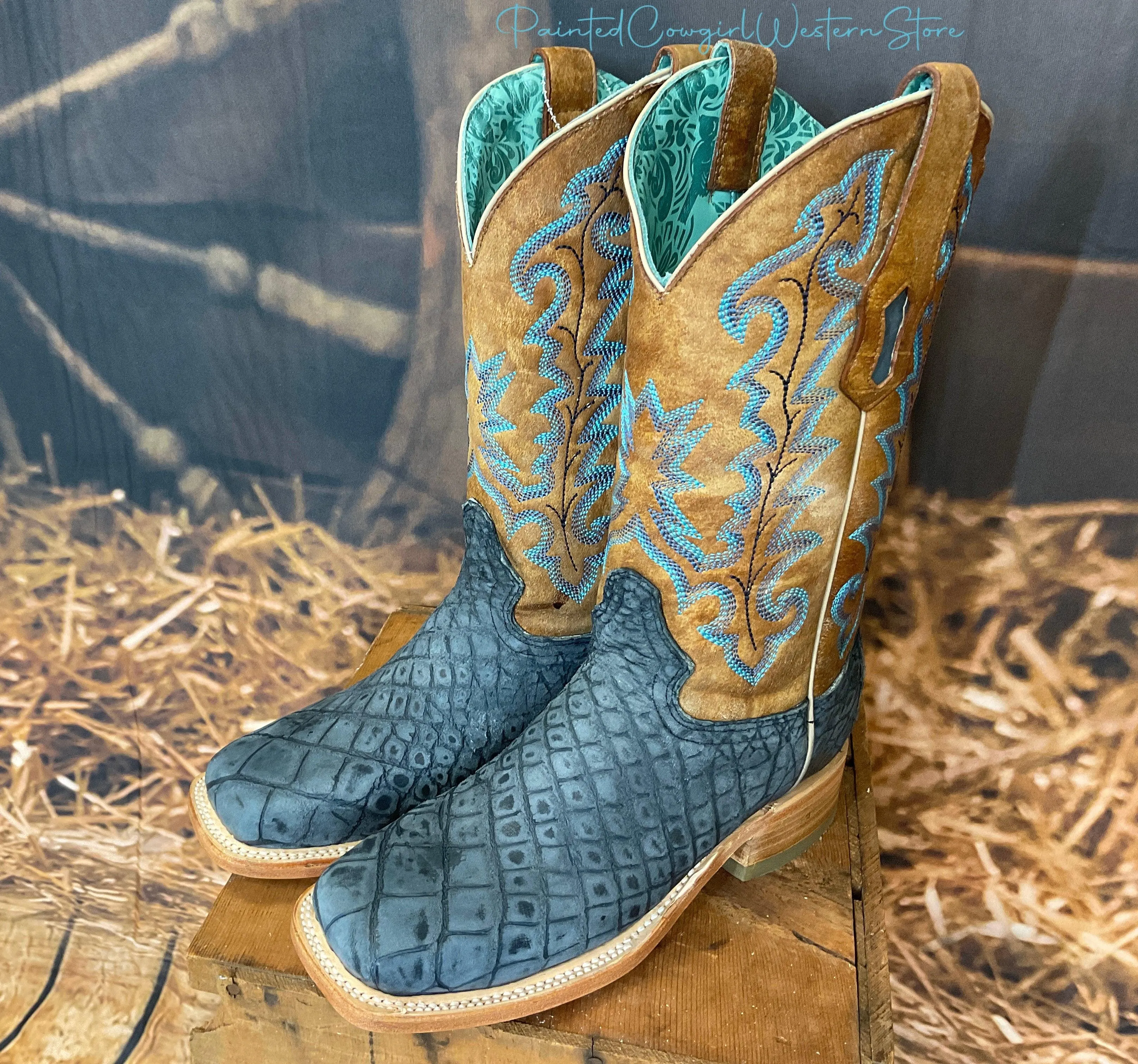 Corral Womens Sand & Blue Alligator Square Toe Cowgirl Boots A4199 Country Side Flexibility Design