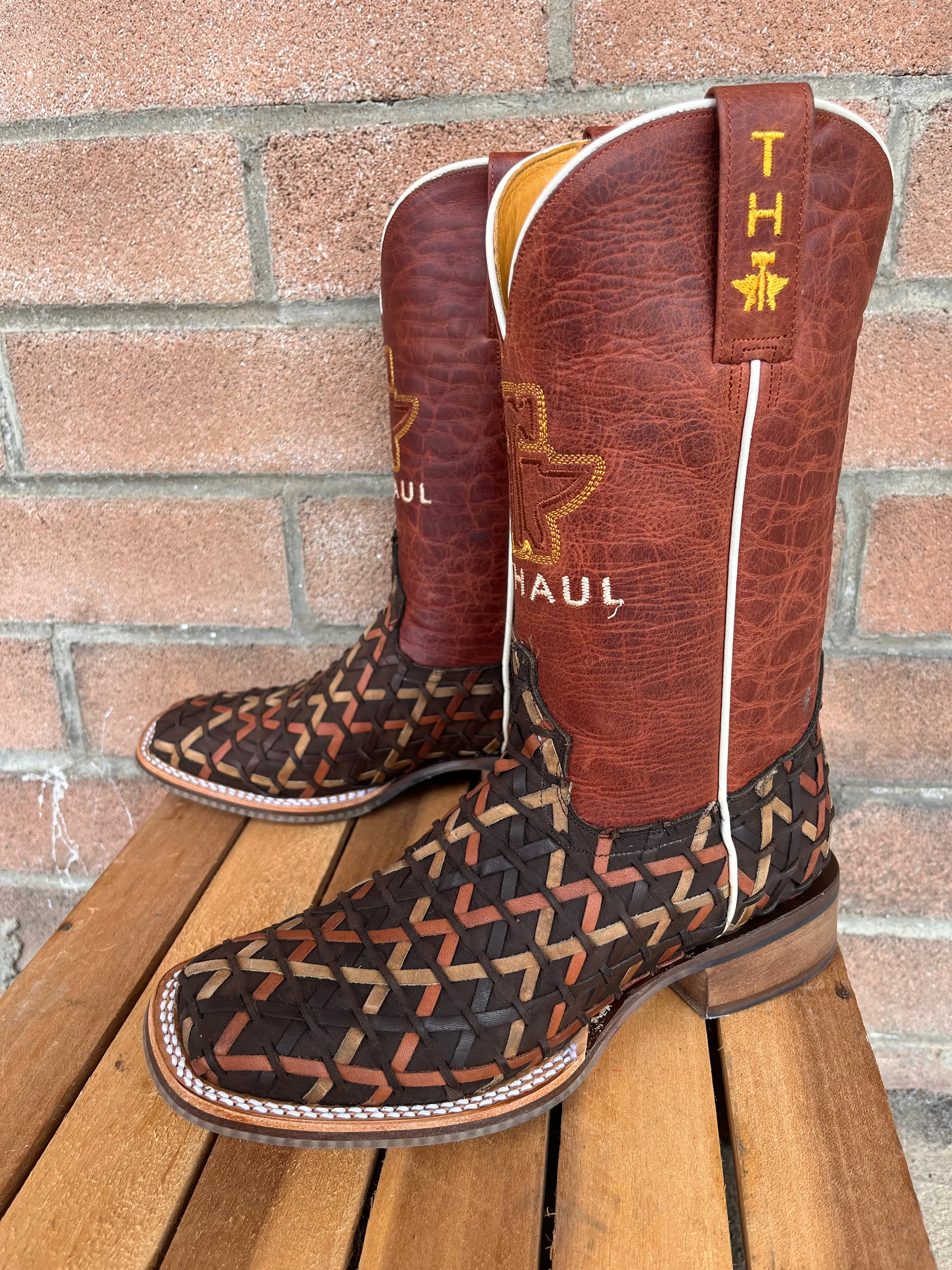 Easy Clean Tin Haul Women's Weaving Time Brown/Rust Basketweave Cowgirl Boots 0007-1481