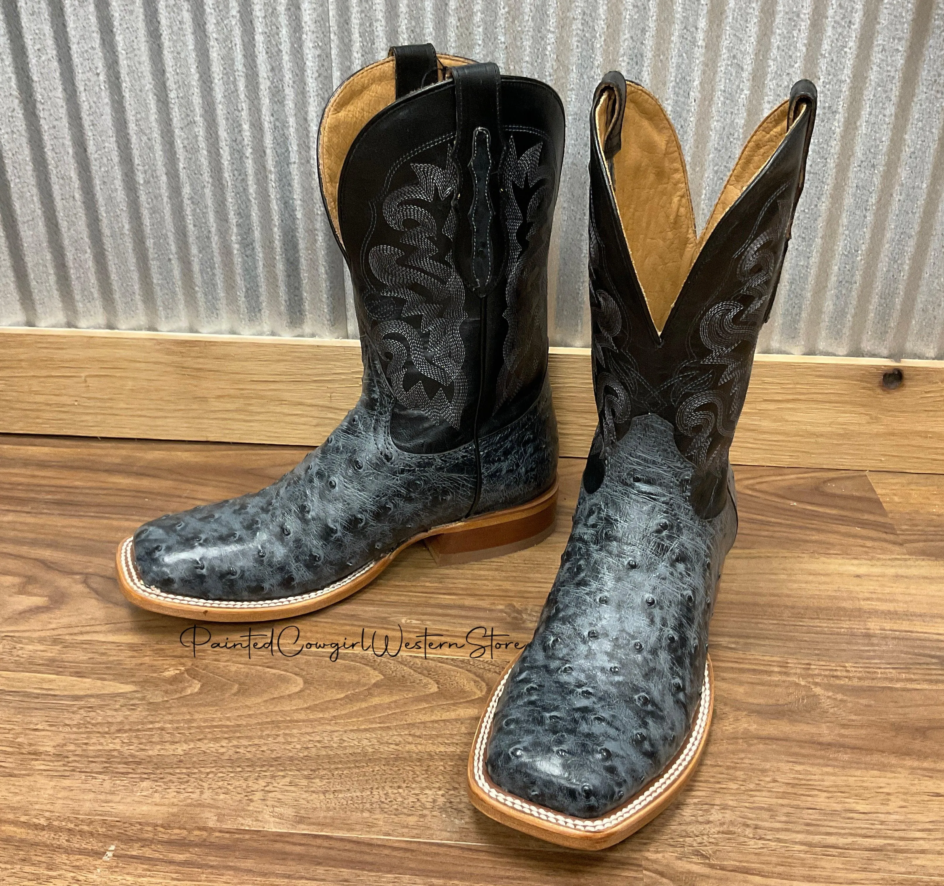 Kid Fun Tony Lama Men's Moore Grey Ostrich Square Toe Western Boots TL5355