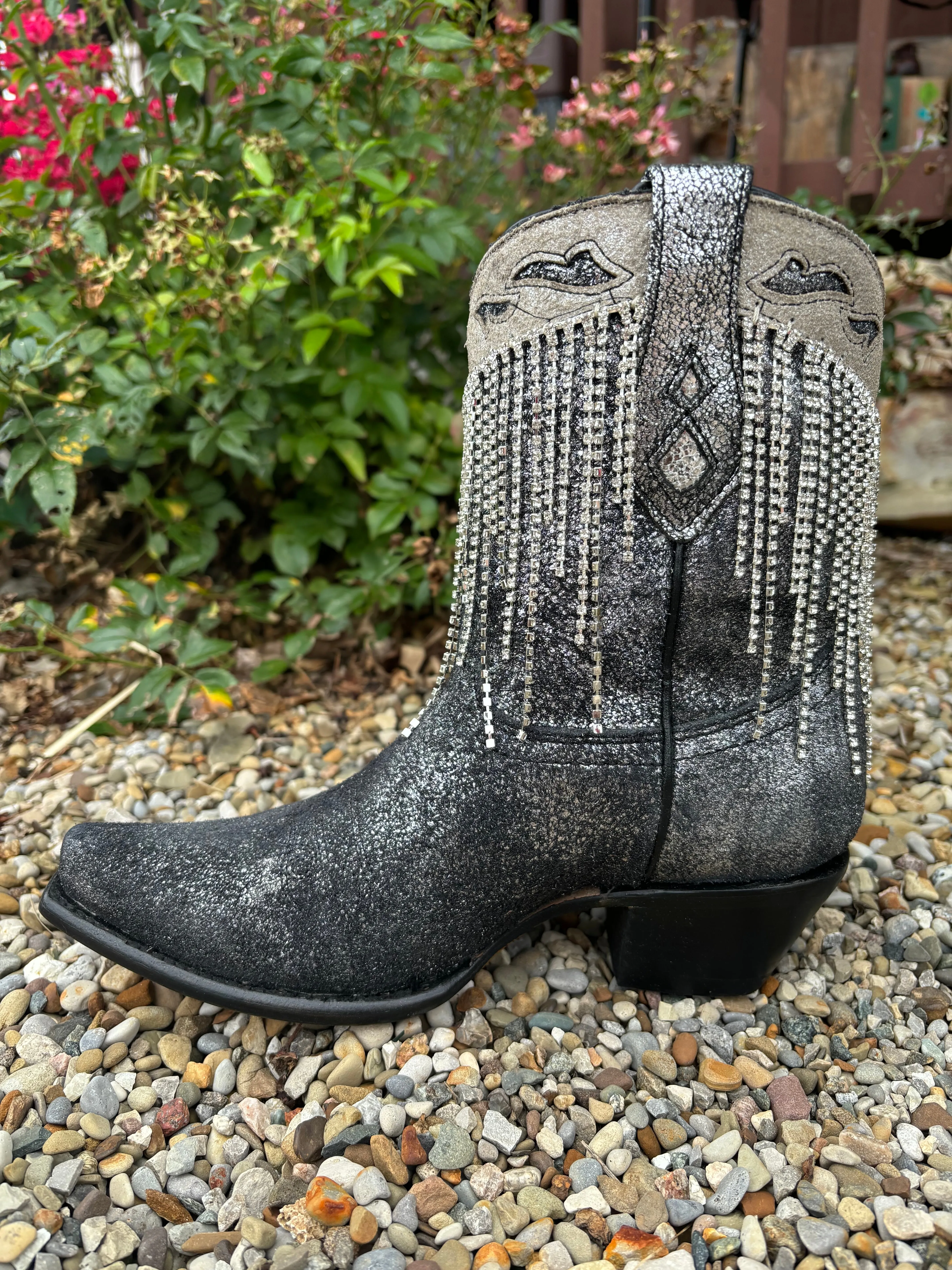 removable insoles Corral Women's Black & Silver Overlay Crystal Fringe Snip Toe Ankle Cowgirl Boots Z5252