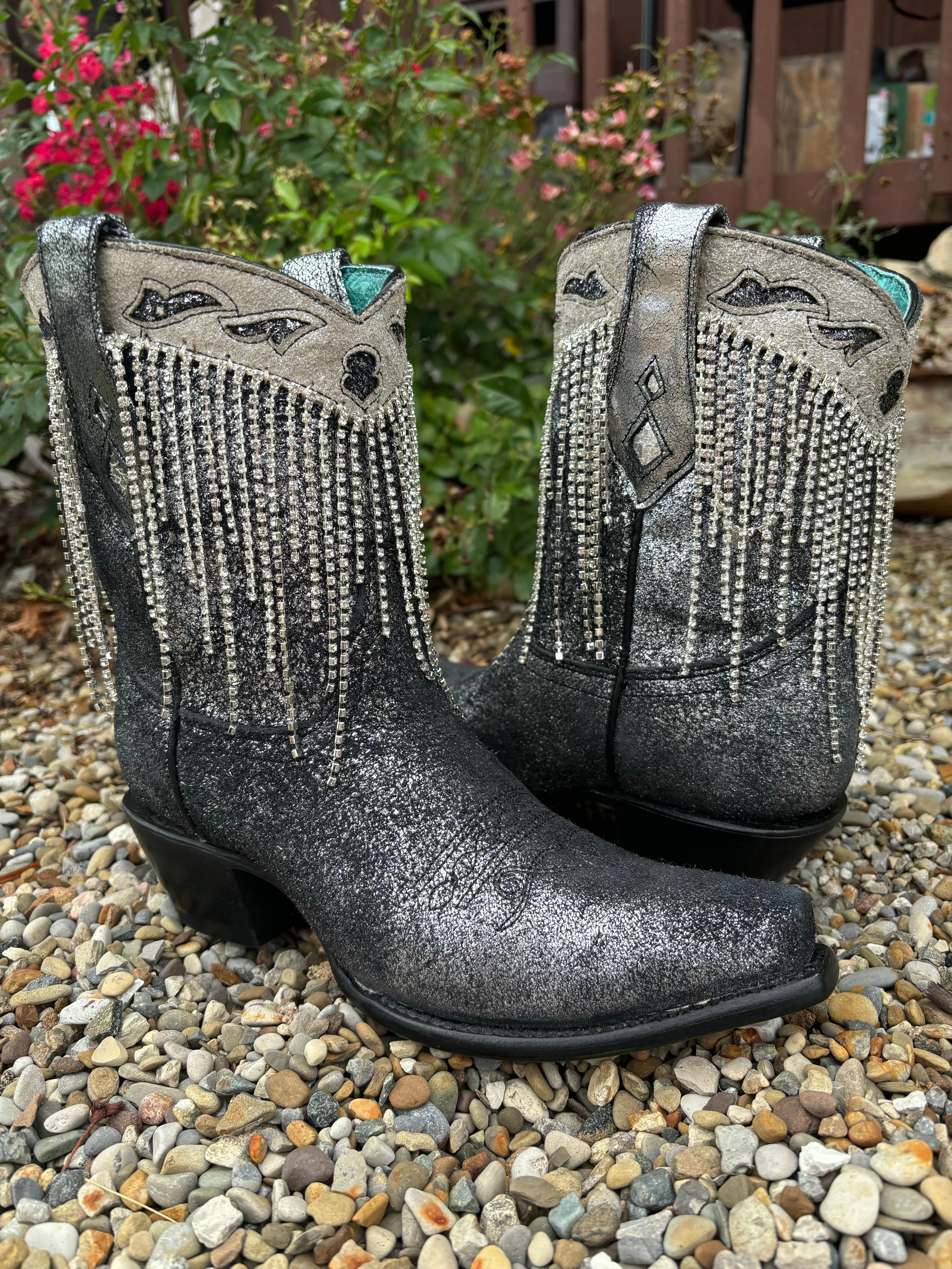 Subtle design Modern Lines Corral Women's Black & Silver Overlay Crystal Fringe Snip Toe Ankle Cowgirl Boots Z5252