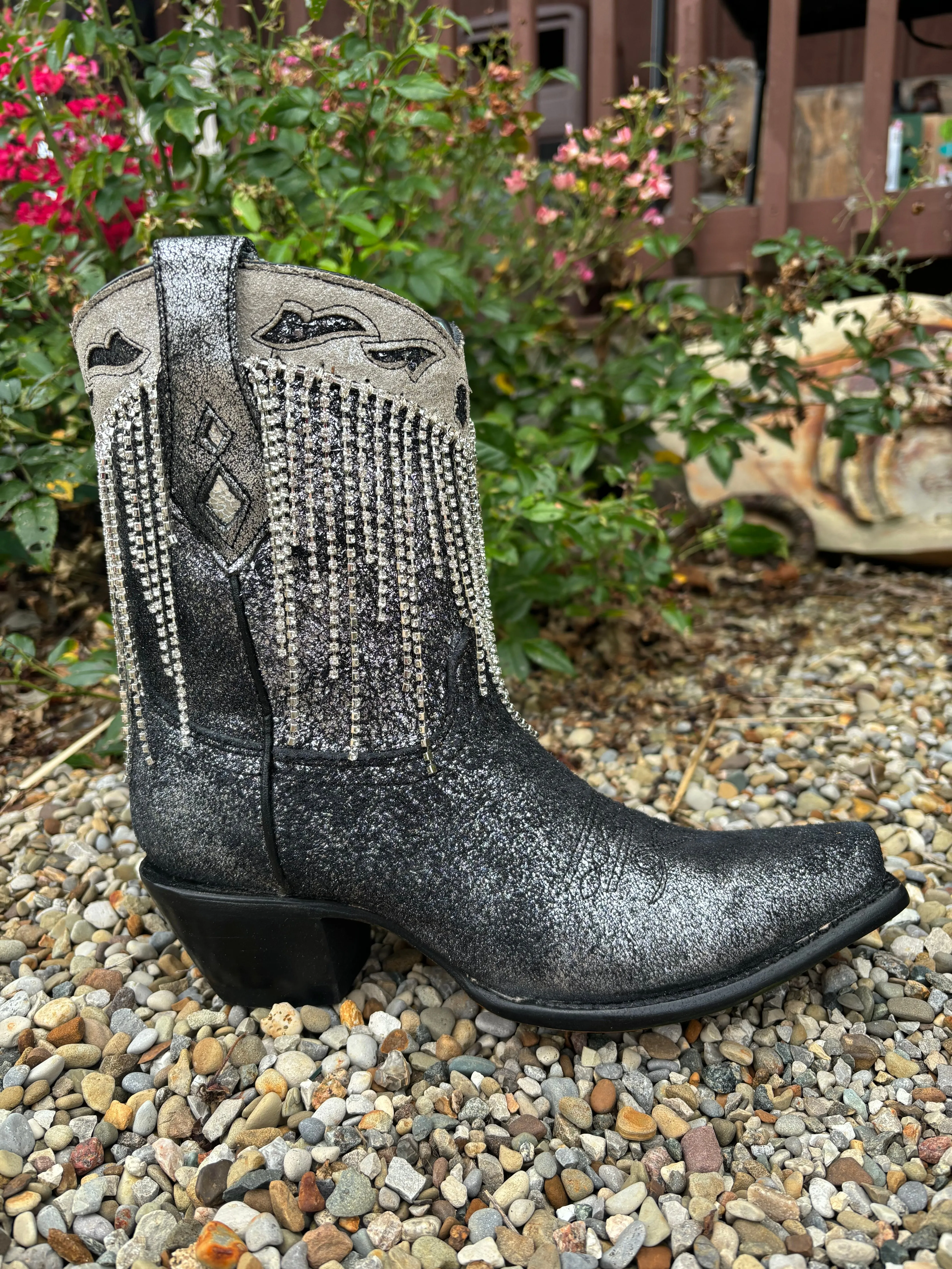 Corral Women's Black & Silver Overlay Crystal Fringe Snip Toe Ankle Cowgirl Boots Z5252 Timeless Quality