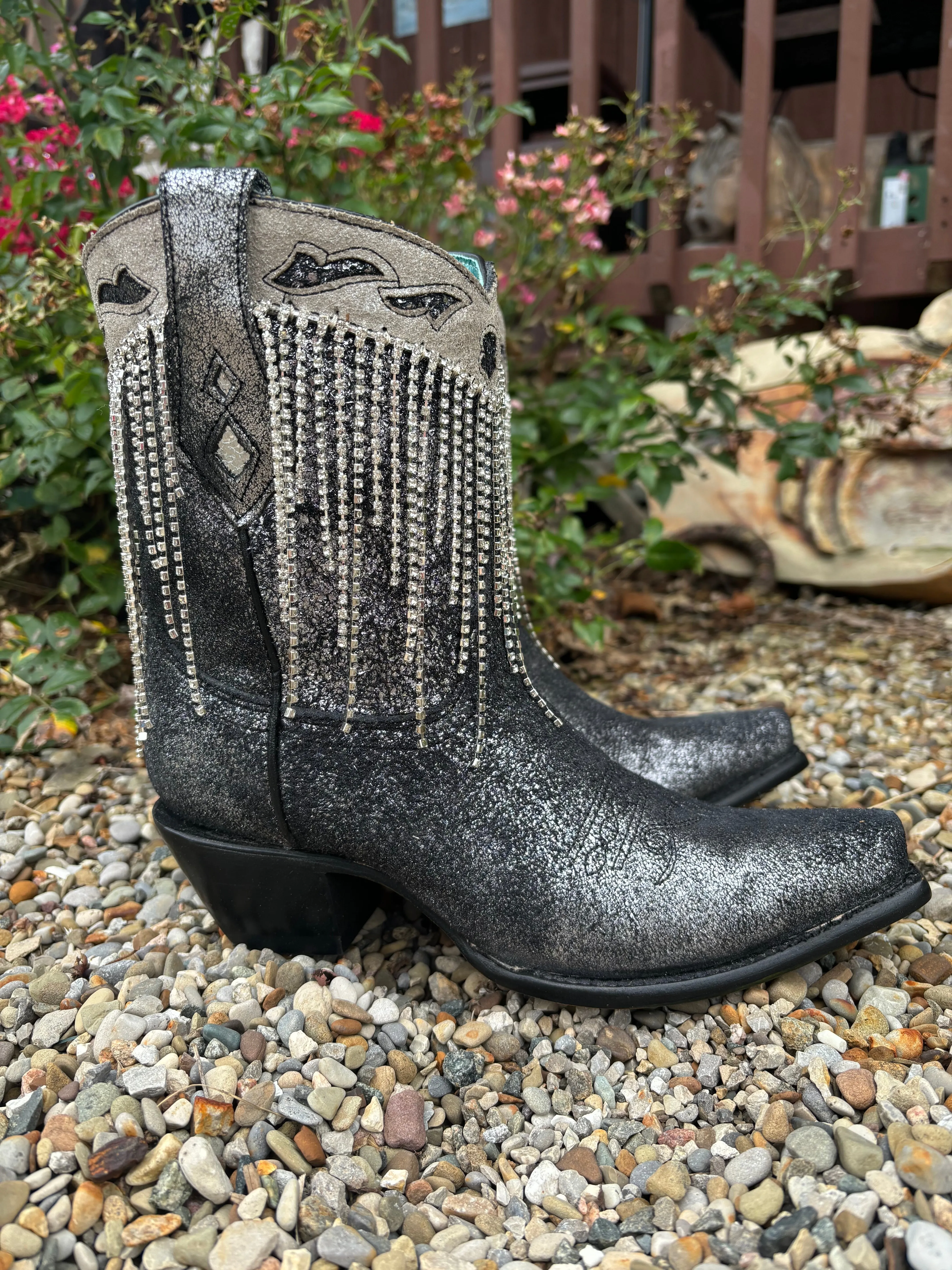 Corral Women's Black & Silver Overlay Crystal Fringe Snip Toe Ankle Cowgirl Boots Z5252 Music Festival Snow Storm