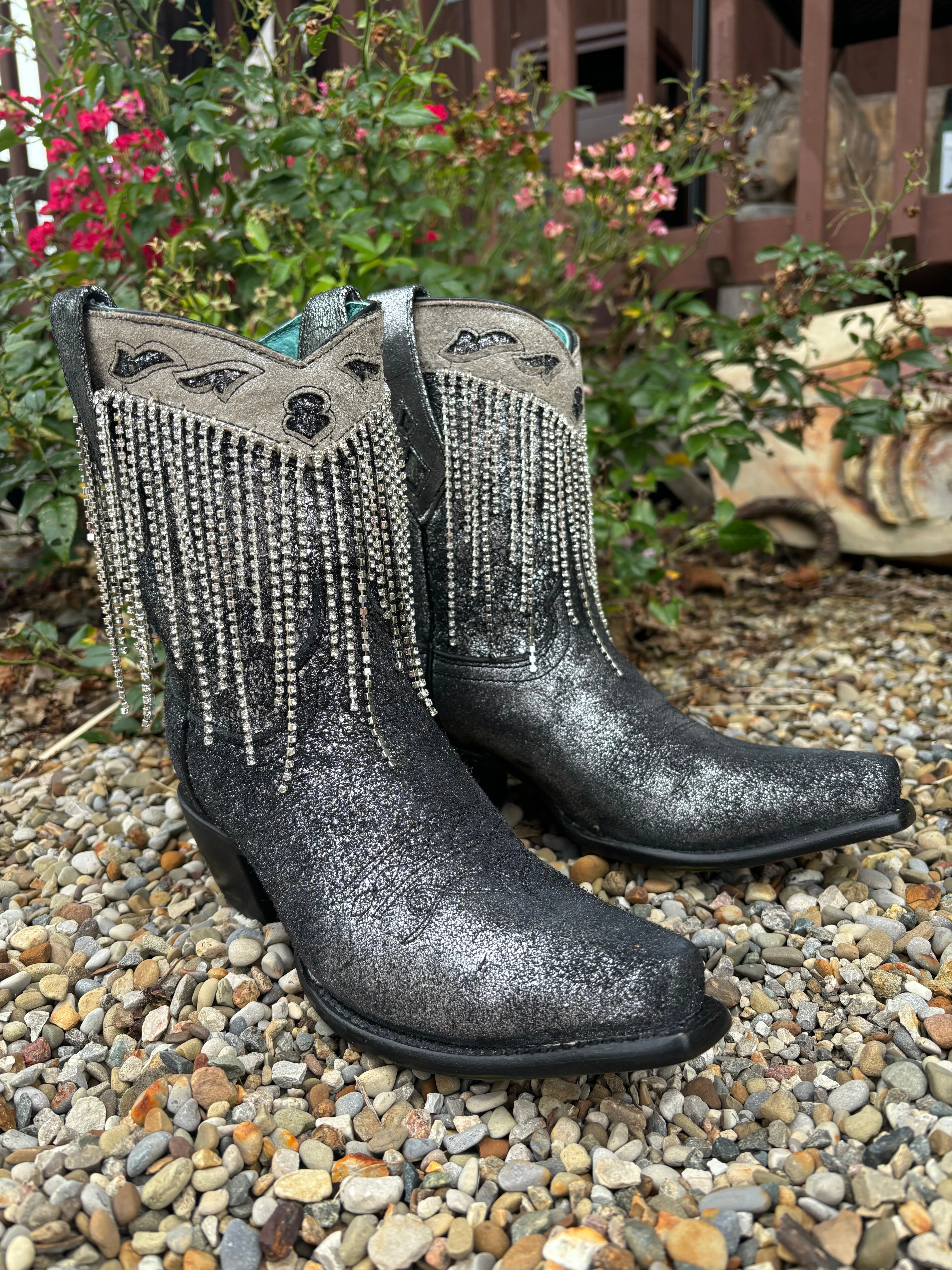 Corral Women's Black & Silver Overlay Crystal Fringe Snip Toe Ankle Cowgirl Boots Z5252 ergonomic Mid Cut