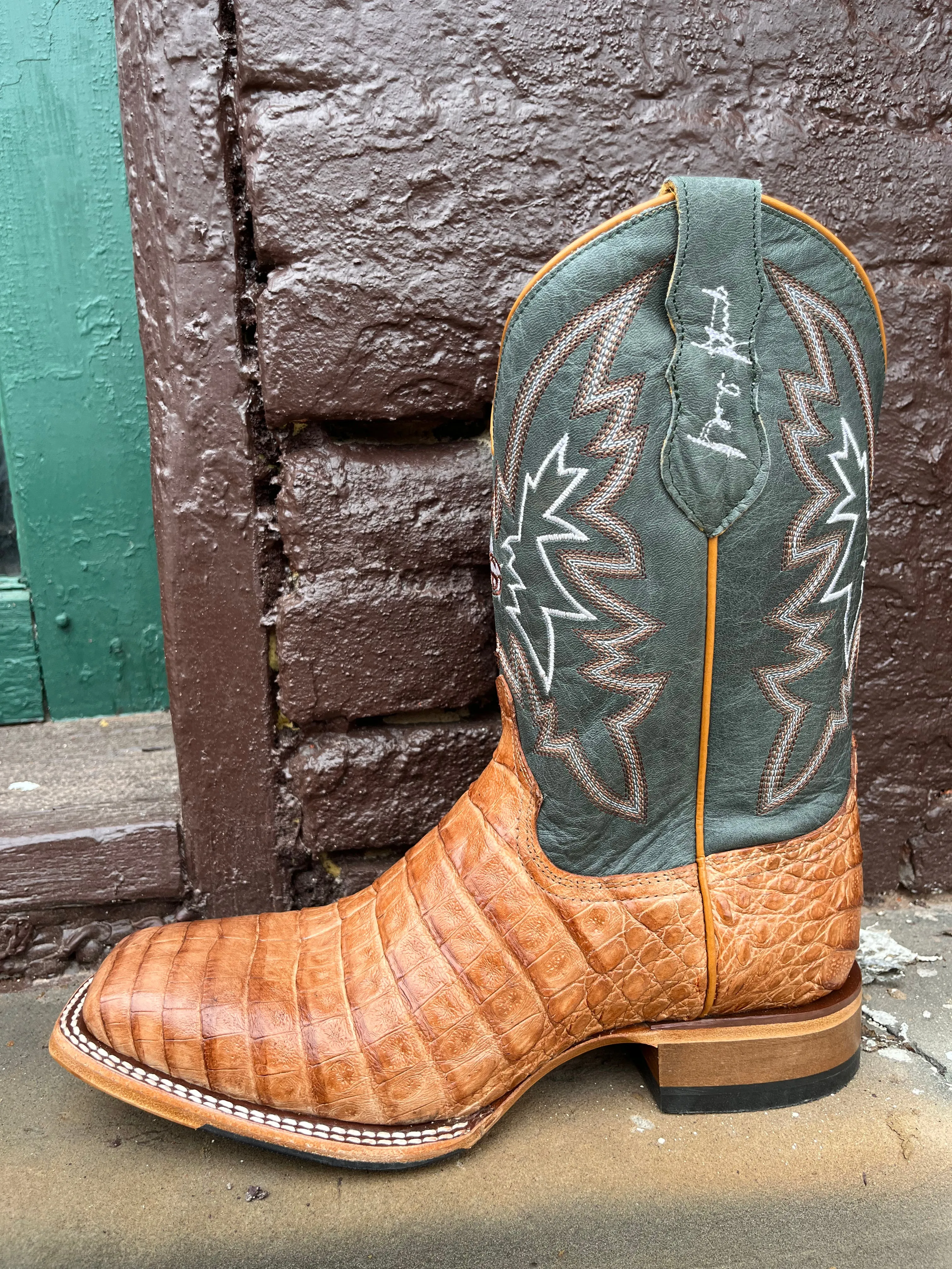 Justin Men's George Strait Haggard Tan Caiman Square Toe Cowboy Boot GR5706 Relaxed Fit Slip On Style