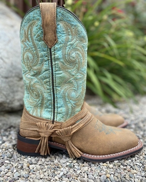 Comfortable buckles Laredo Women's Sadie Tan & Turquoise Square Toe Cowgirl Boots 5847