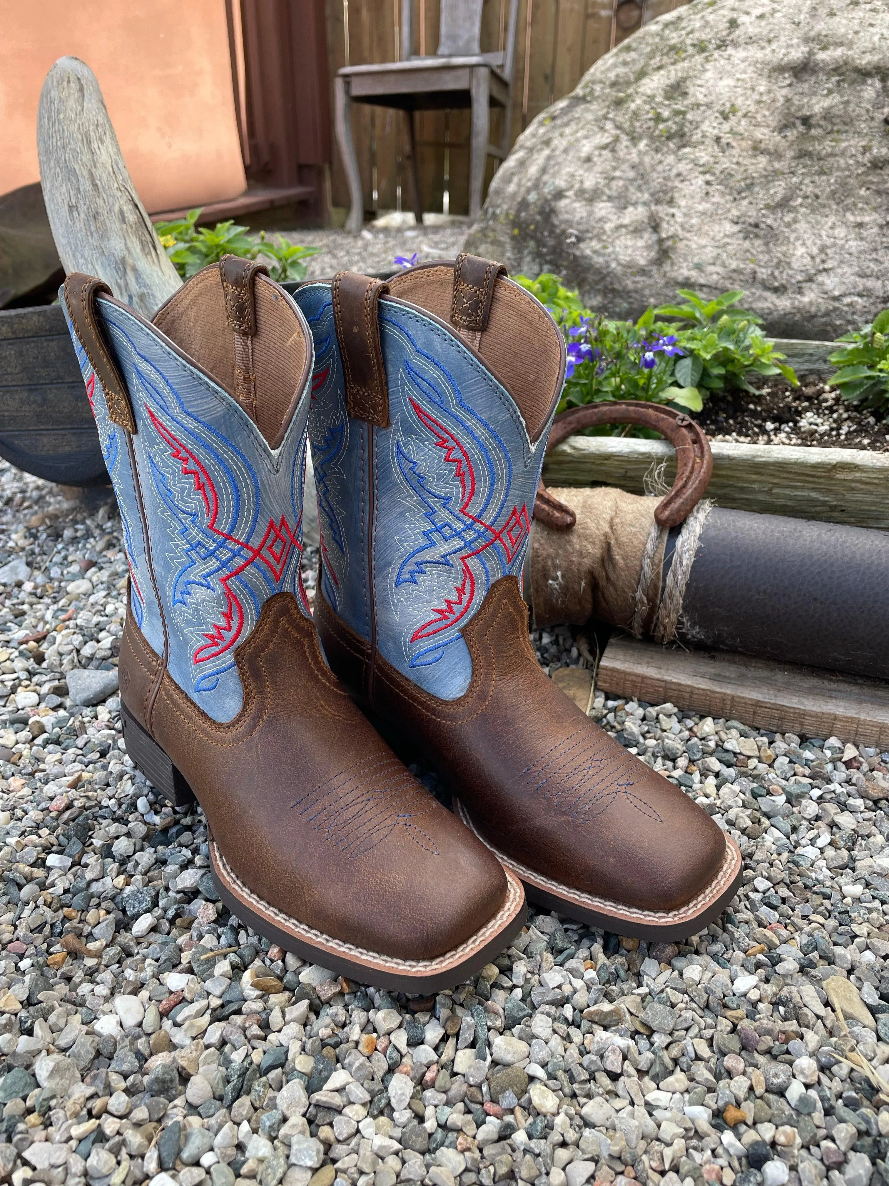 Ariat Toddler/Childrens/Youth Double Kicker Brown Leather & Blue Top Cowboy Boots 10040247 10040254 Outdoor Tested