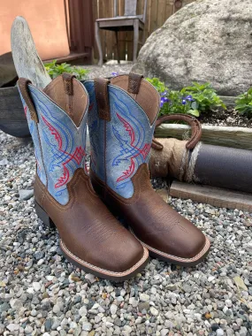 Ariat Toddler/Childrens/Youth Double Kicker Brown Leather & Blue Top Cowboy Boots 10040247 10040254 Outdoor Tested