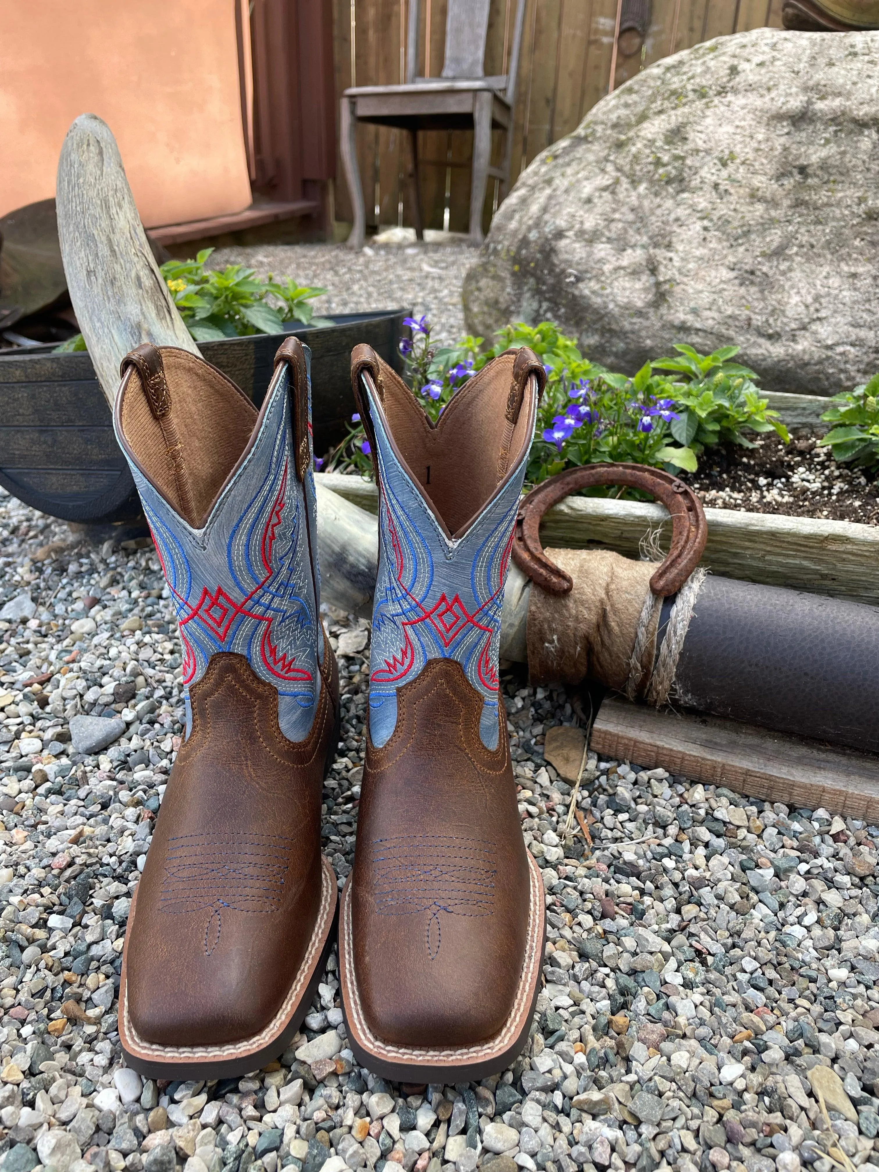 Rough Path Art Soul Ariat Toddler/Childrens/Youth Double Kicker Brown Leather & Blue Top Cowboy Boots 10040247 10040254
