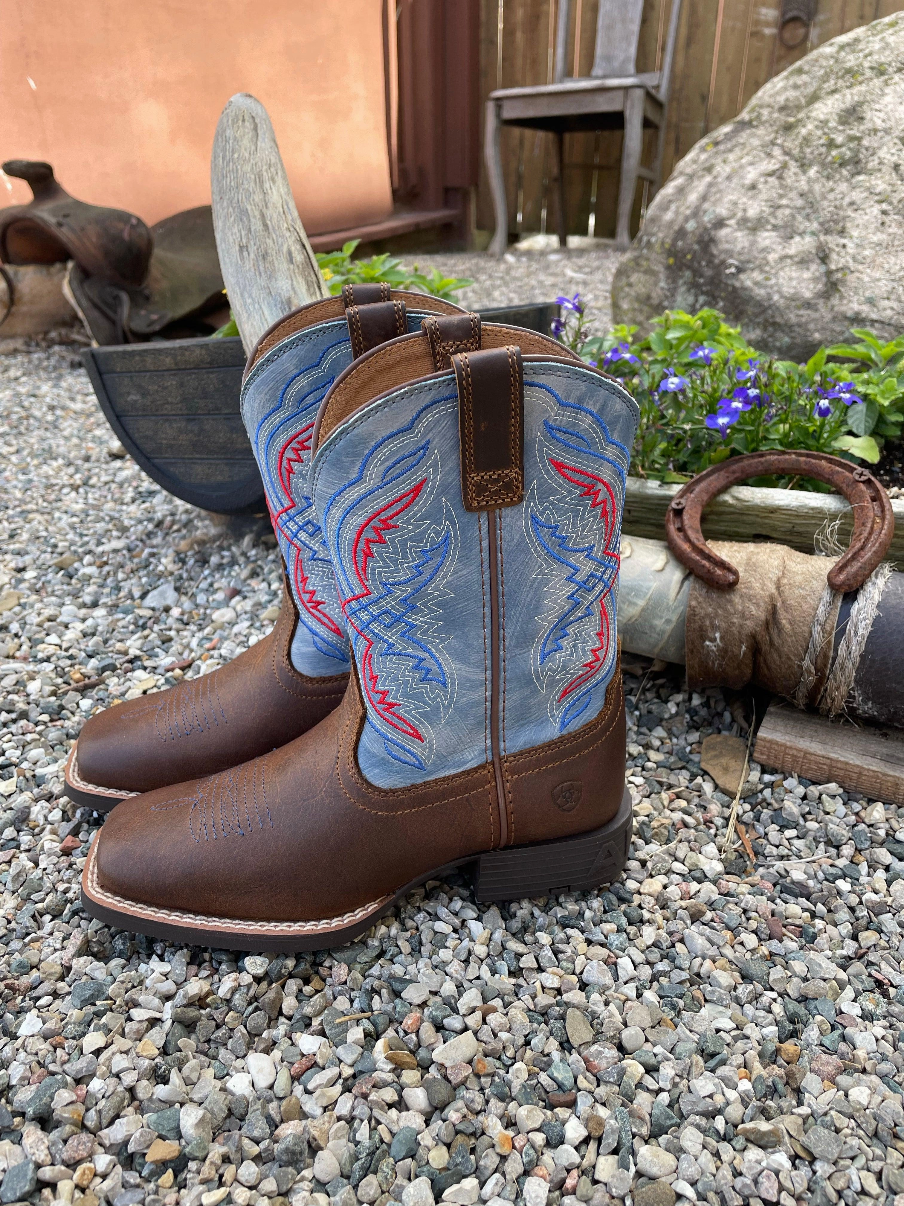 Ariat Toddler/Childrens/Youth Double Kicker Brown Leather & Blue Top Cowboy Boots 10040247 10040254 Field Travel Cool Look