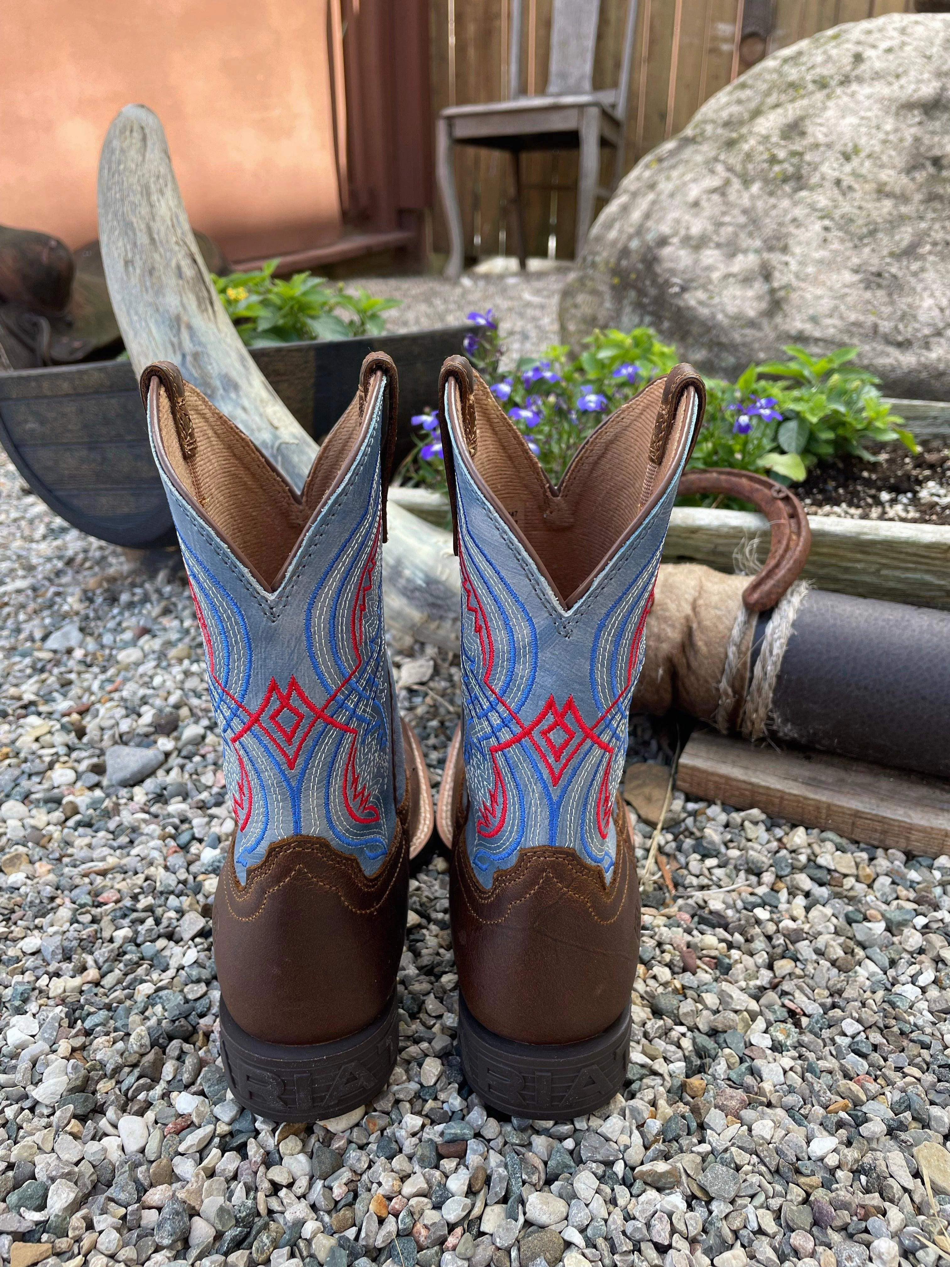 Urban Trail Ariat Toddler/Childrens/Youth Double Kicker Brown Leather & Blue Top Cowboy Boots 10040247 10040254
