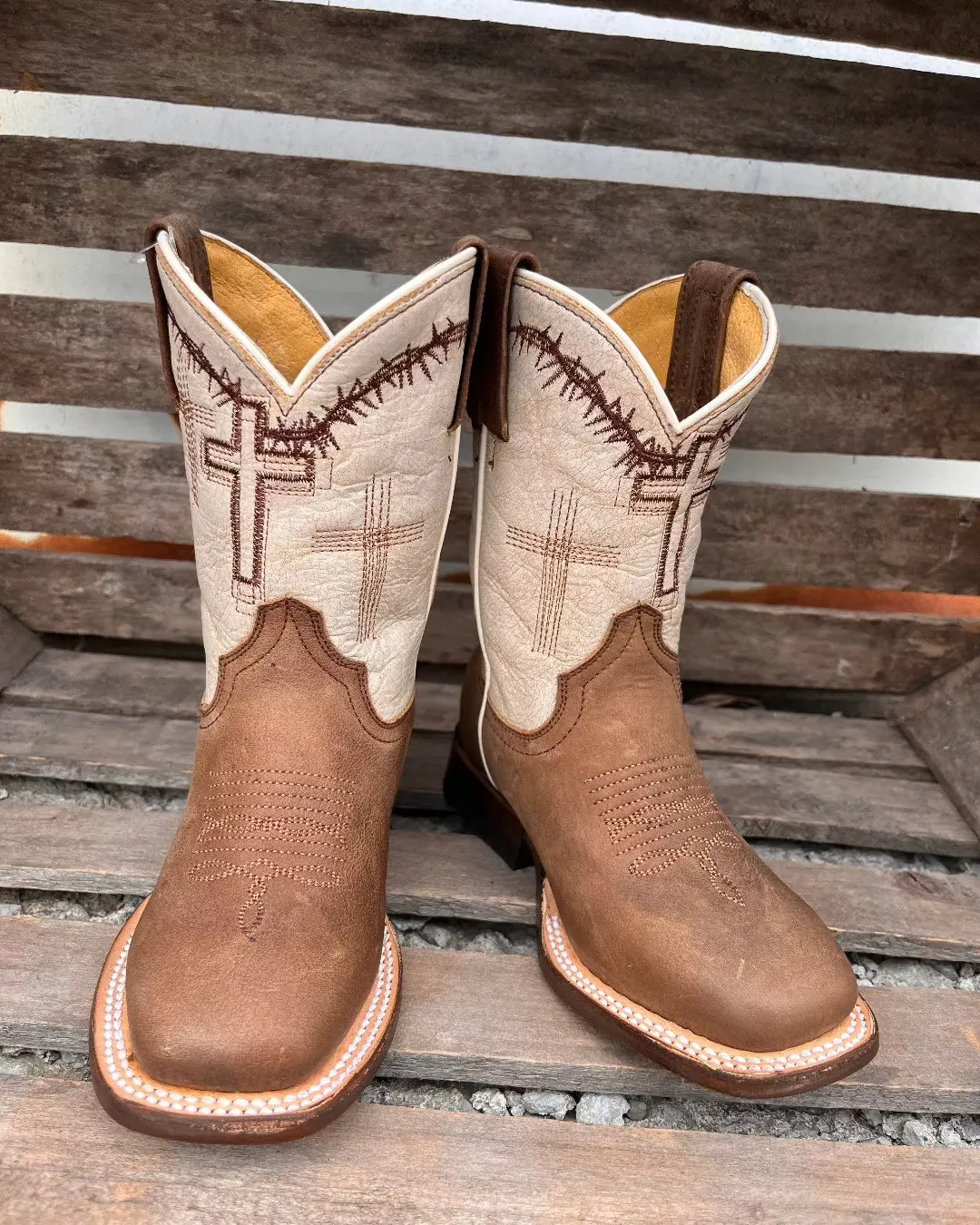 Cozy And Stylish Roper Children & Youth Brown Cross Embroidered Cowboy Boots 7022-8495