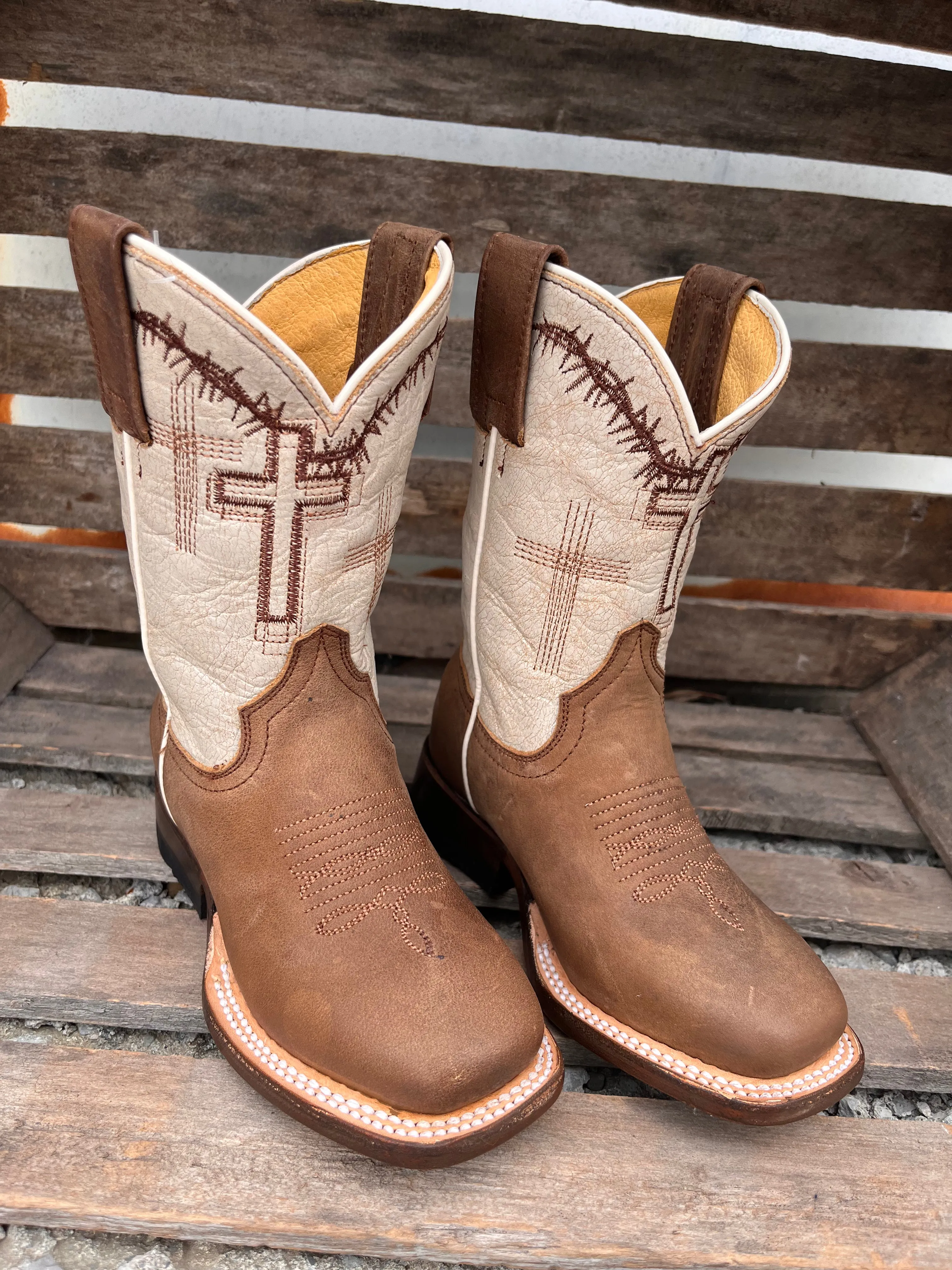 Reinforced Heel Counter Roper Children & Youth Brown Cross Embroidered Cowboy Boots 7022-8495