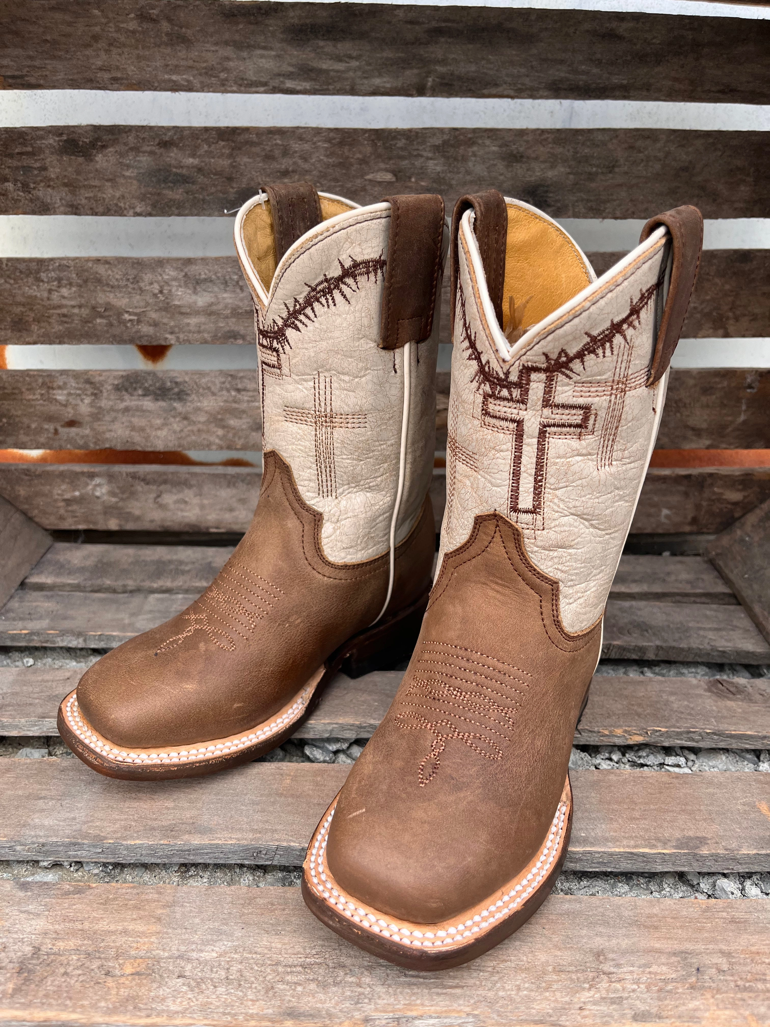 Roper Children & Youth Brown Cross Embroidered Cowboy Boots 7022-8495 Anti-Skid Tread Pattern