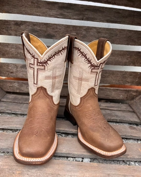 Cozy And Stylish Roper Children & Youth Brown Cross Embroidered Cowboy Boots 7022-8495