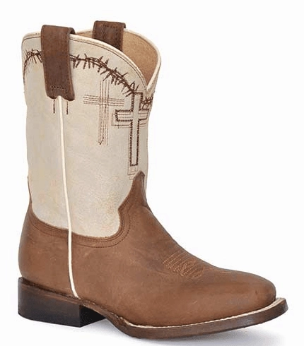 Roper Children & Youth Brown Cross Embroidered Cowboy Boots 7022-8495 Minimal Look Anti-slip