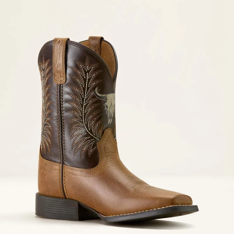 Transitional Style Ariat Childrens/Youth Stampede Brown Steer Skull Wide Square Toe Cowboy Boots 10063827