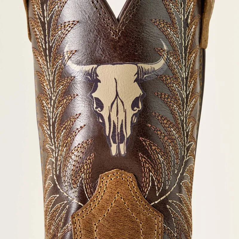 Perfect Fit Anti   Bacterial Ariat Childrens/Youth Stampede Brown Steer Skull Wide Square Toe Cowboy Boots 10063827