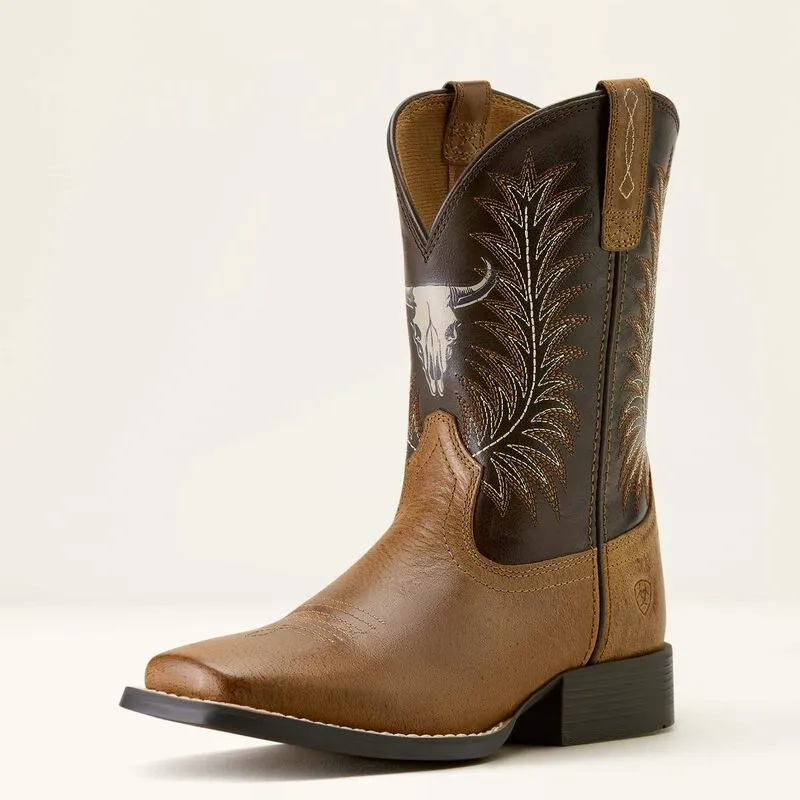 Ariat Childrens/Youth Stampede Brown Steer Skull Wide Square Toe Cowboy Boots 10063827 Hill Climb Minimal Build
