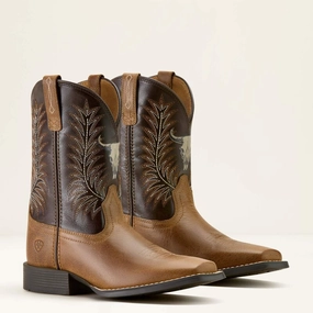 Ariat Childrens/Youth Stampede Brown Steer Skull Wide Square Toe Cowboy Boots 10063827 Chunky Sole