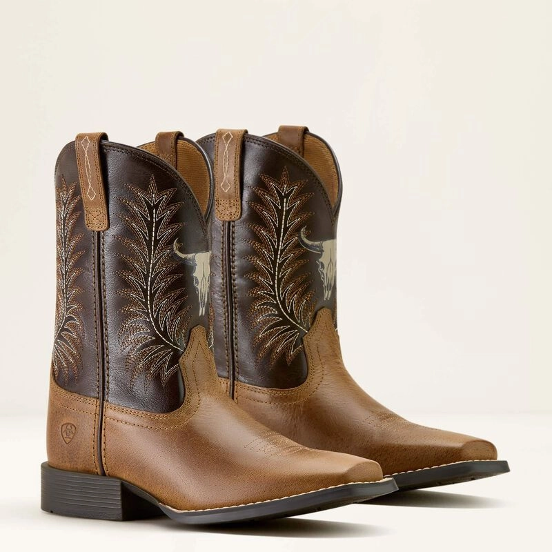 Ariat Childrens/Youth Stampede Brown Steer Skull Wide Square Toe Cowboy Boots 10063827 Chunky Sole
