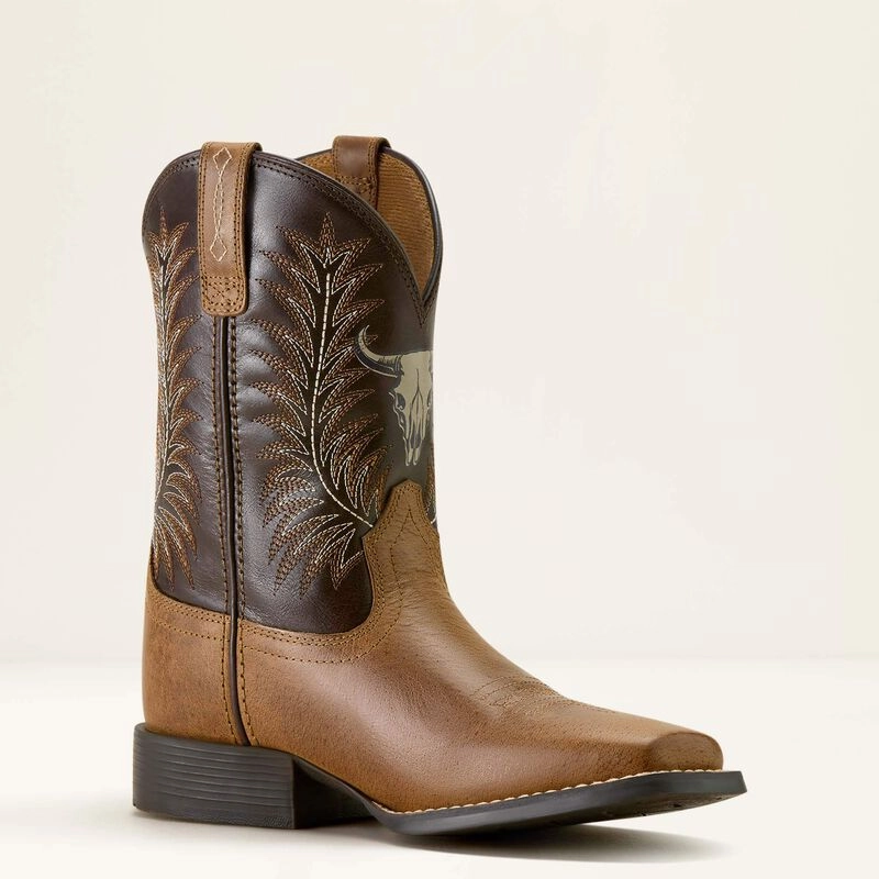 Transitional Style Ariat Childrens/Youth Stampede Brown Steer Skull Wide Square Toe Cowboy Boots 10063827