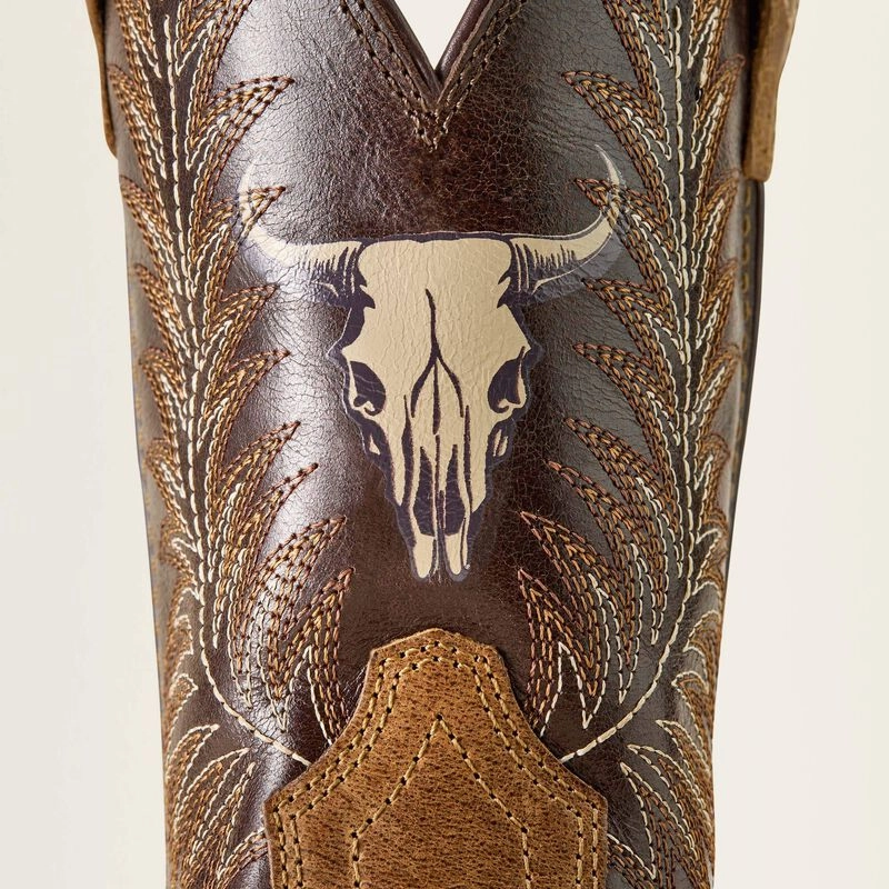 Perfect Fit Anti   Bacterial Ariat Childrens/Youth Stampede Brown Steer Skull Wide Square Toe Cowboy Boots 10063827
