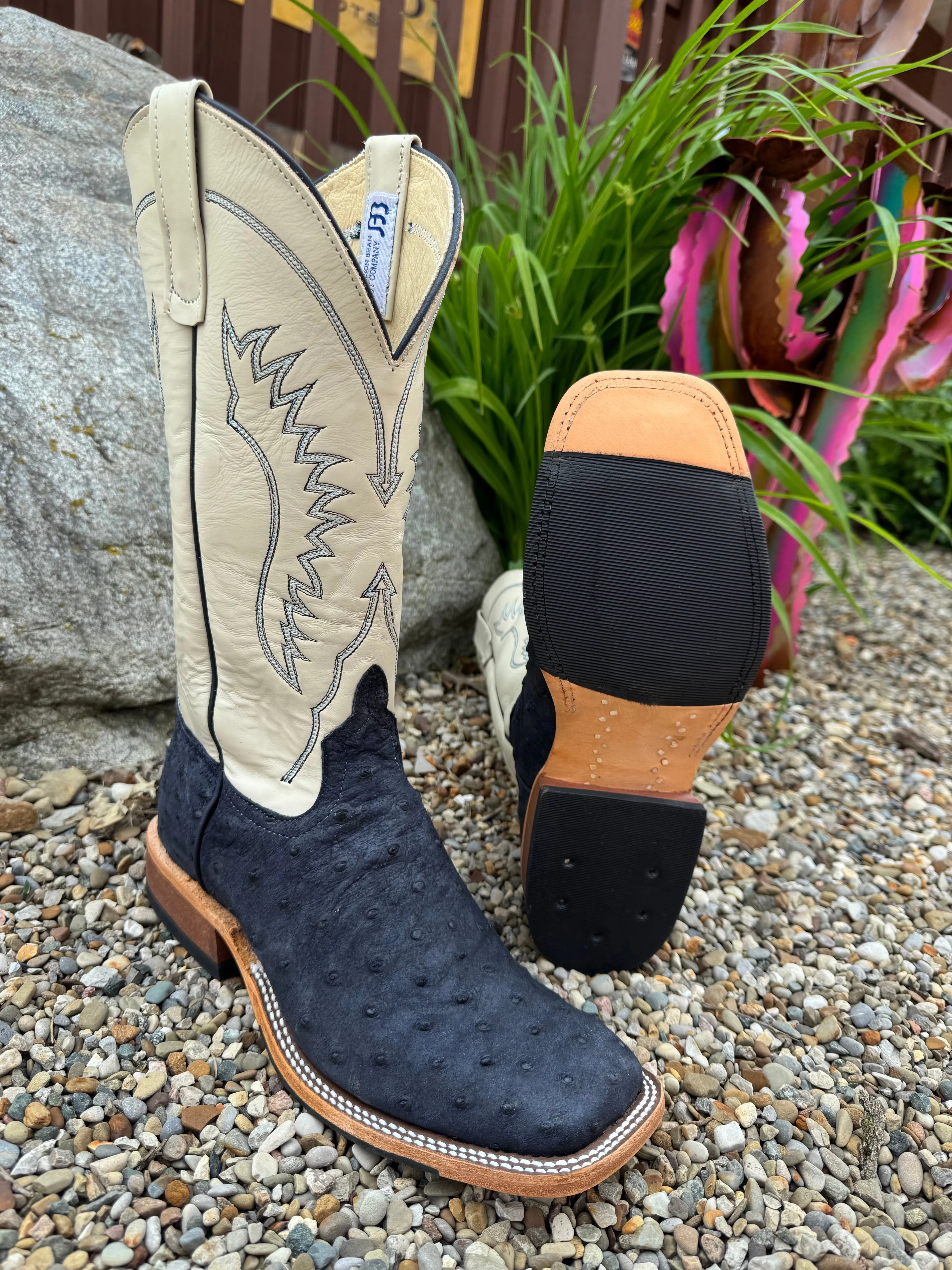 Anderson Bean Men's Deep Navy Full Quill Ostrich & 13 Bone Glove Top Square Toe Cowboy Boots 360691 Flexible Upper Farm Life