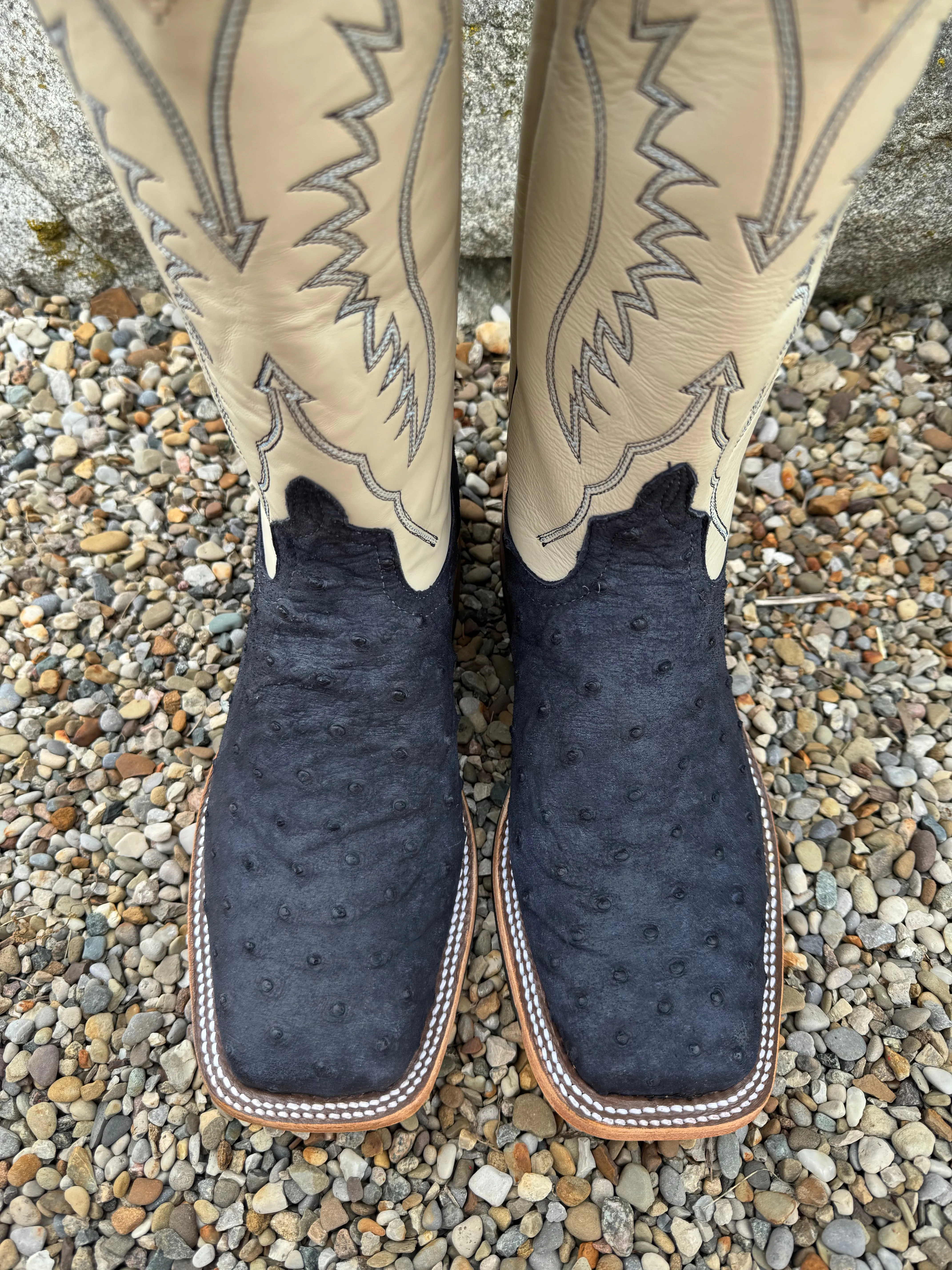 Anderson Bean Men's Deep Navy Full Quill Ostrich & 13 Bone Glove Top Square Toe Cowboy Boots 360691 sports