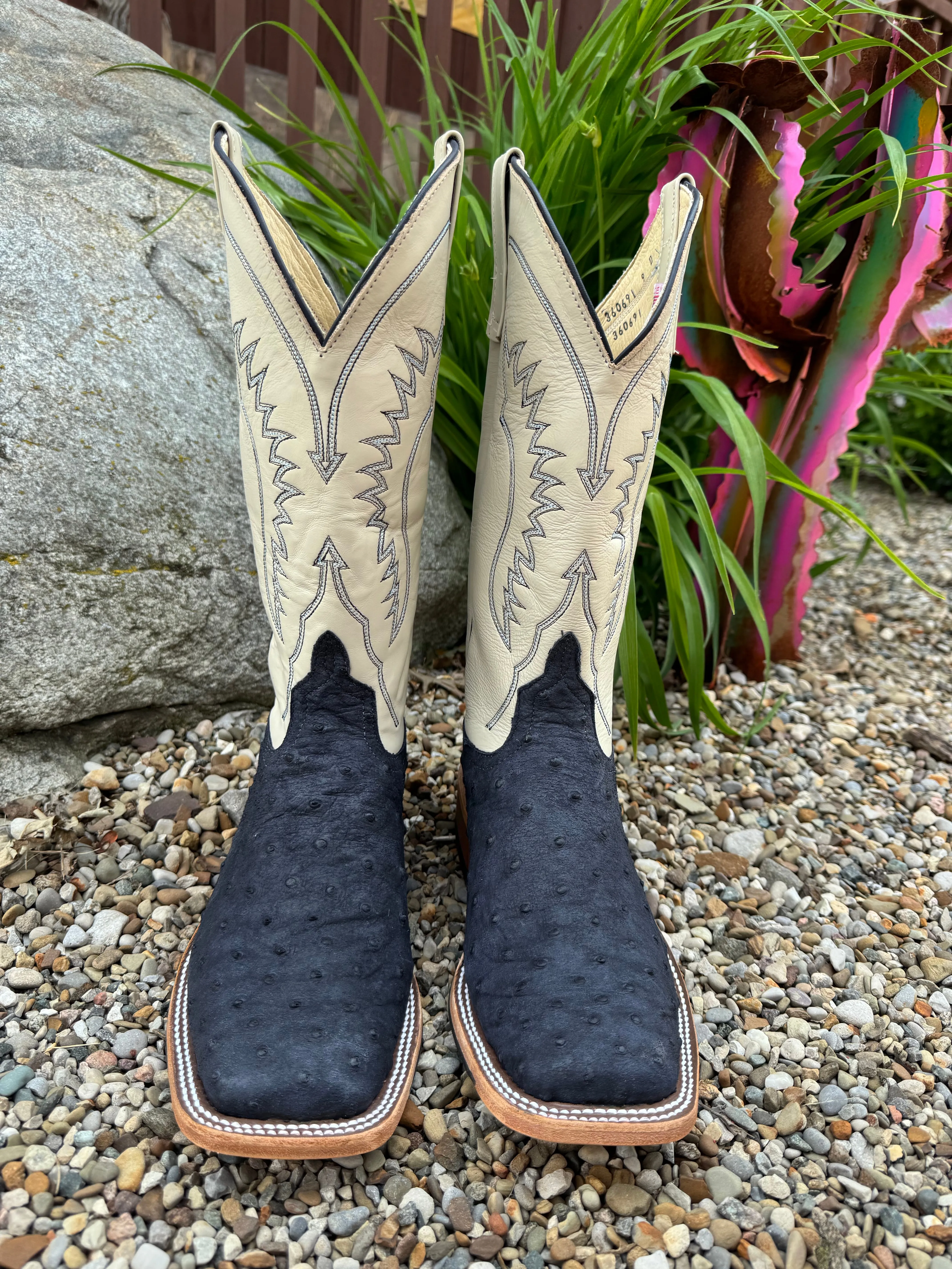 RubberOutsole Steel Cap Anderson Bean Men's Deep Navy Full Quill Ostrich & 13 Bone Glove Top Square Toe Cowboy Boots 360691