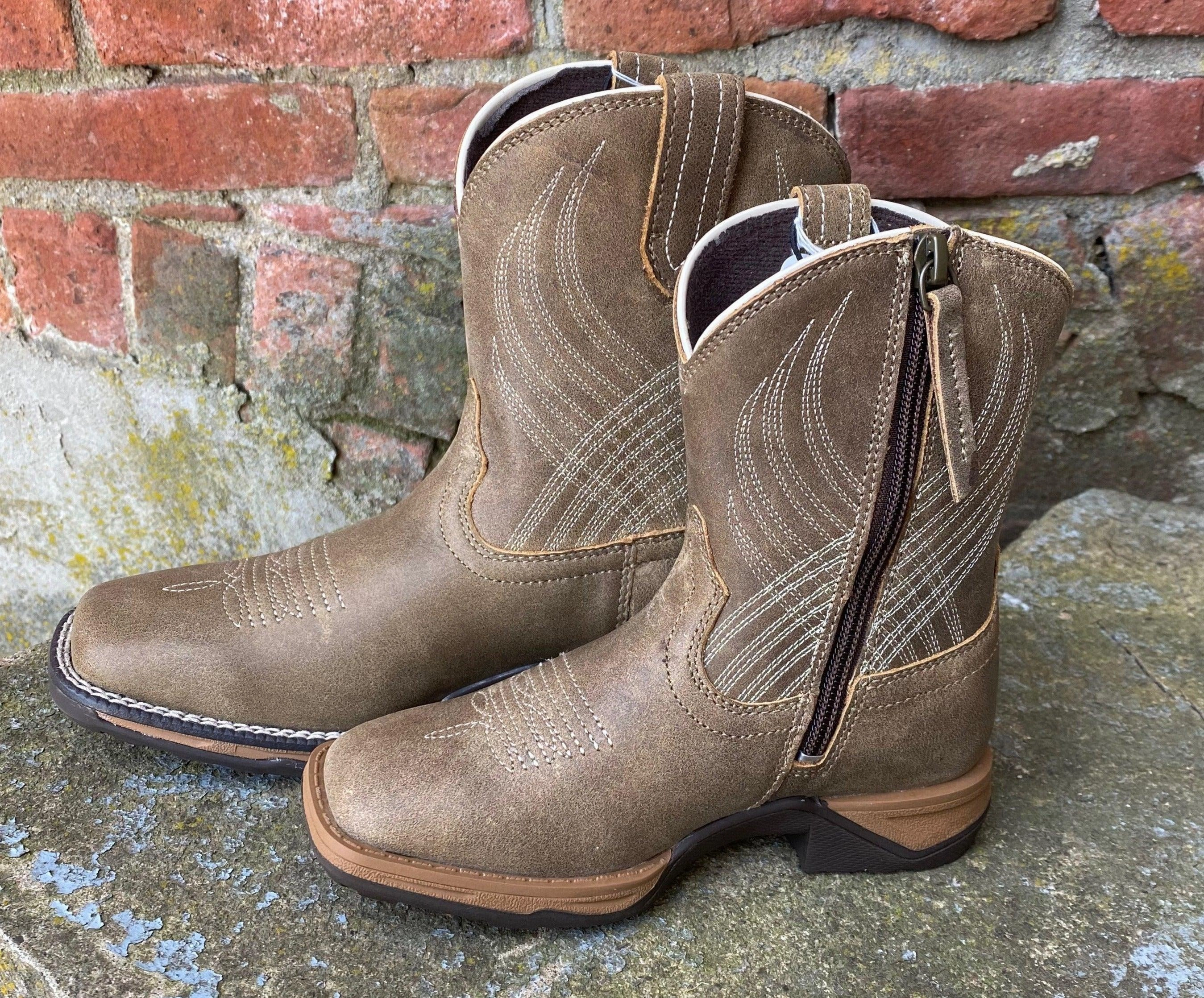 Ariat Toddler/Children's/Youth Anthem Brown Bomber Leather Square Toe Western Cowboy Boot 10035858 10035778 Zip Edge Cushioned Support