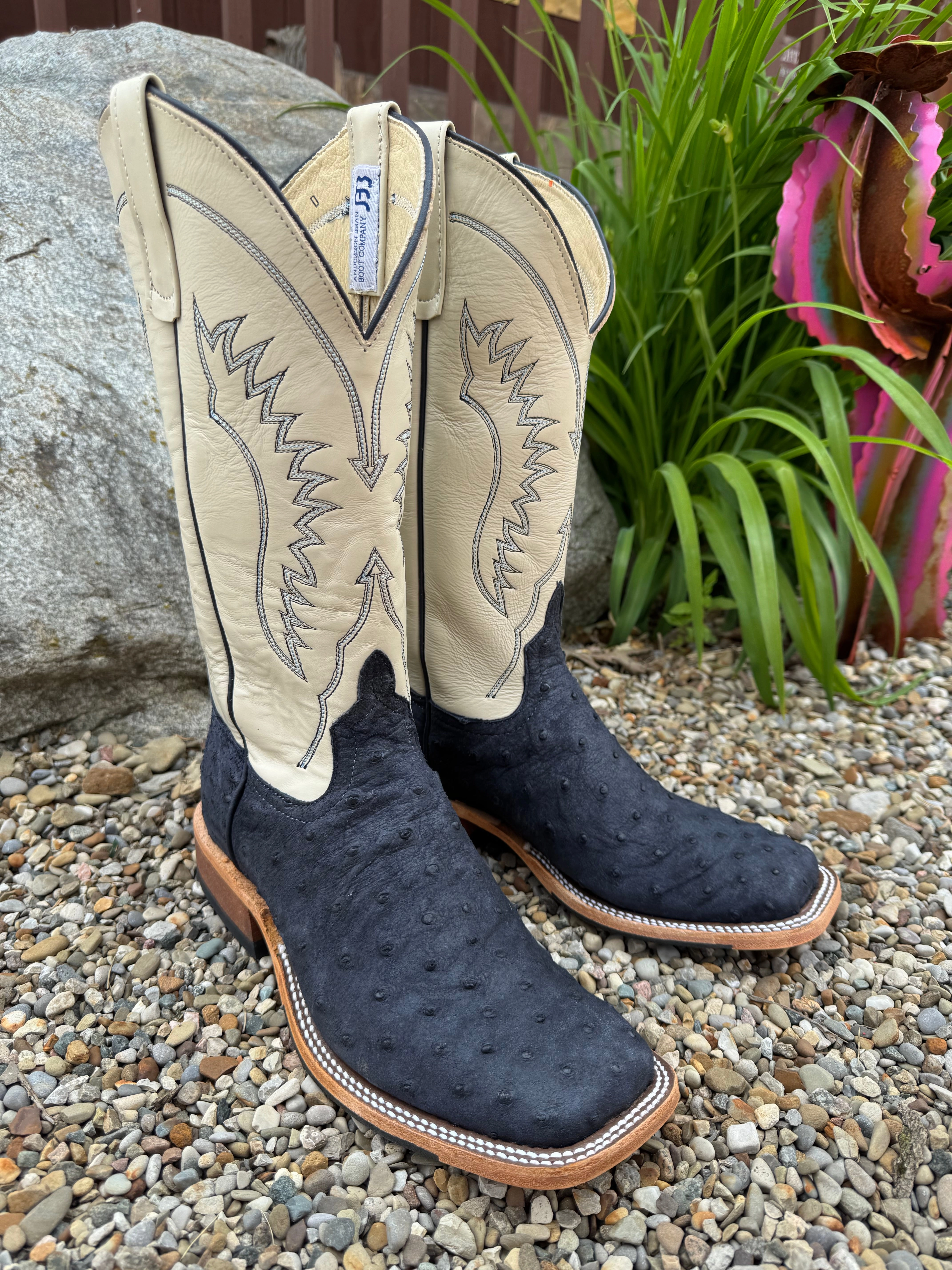 Anti-static Anderson Bean Men's Deep Navy Full Quill Ostrich & 13 Bone Glove Top Square Toe Cowboy Boots 360691