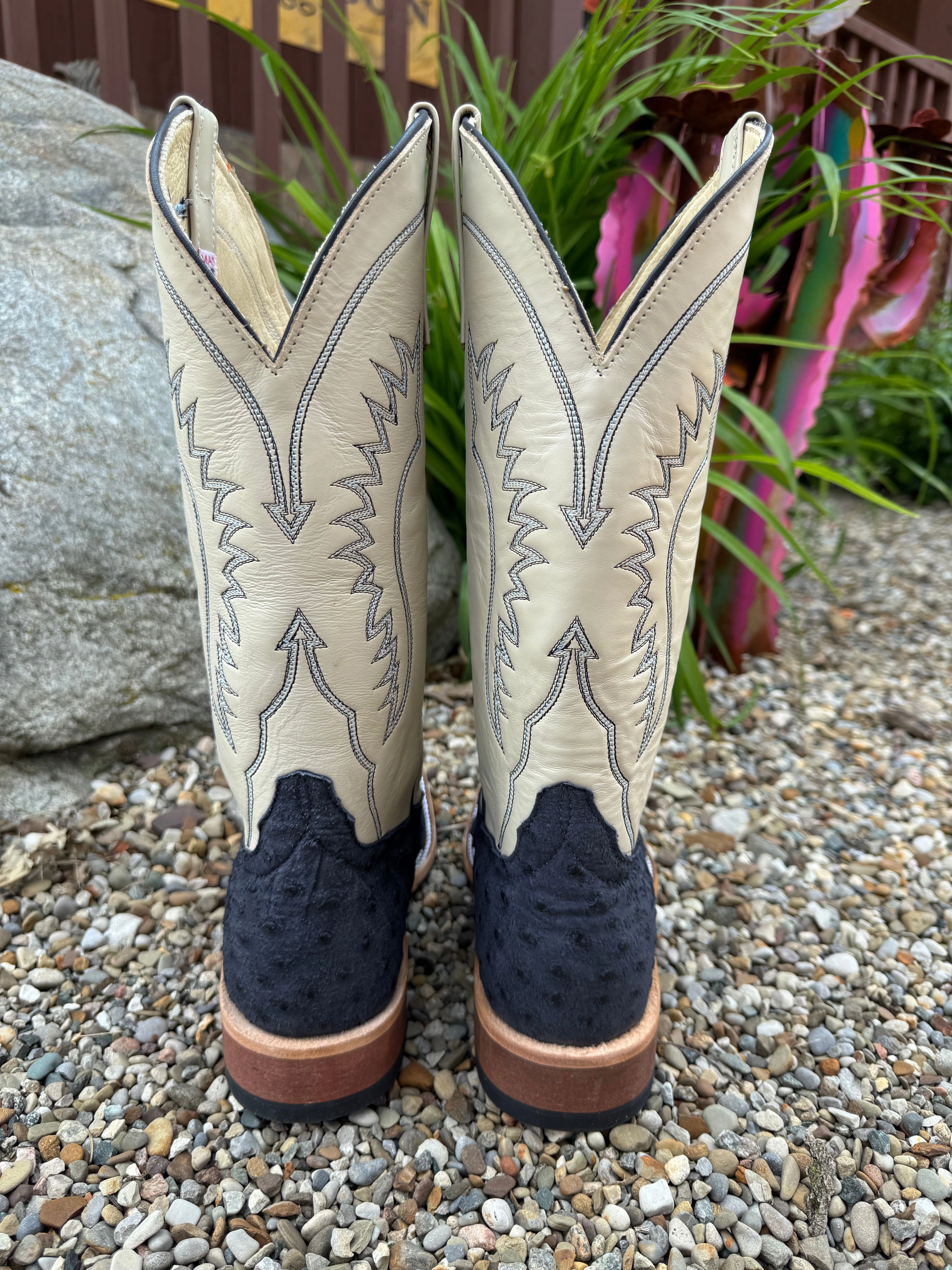 Easy Pairing Anderson Bean Men's Deep Navy Full Quill Ostrich & 13 Bone Glove Top Square Toe Cowboy Boots 360691