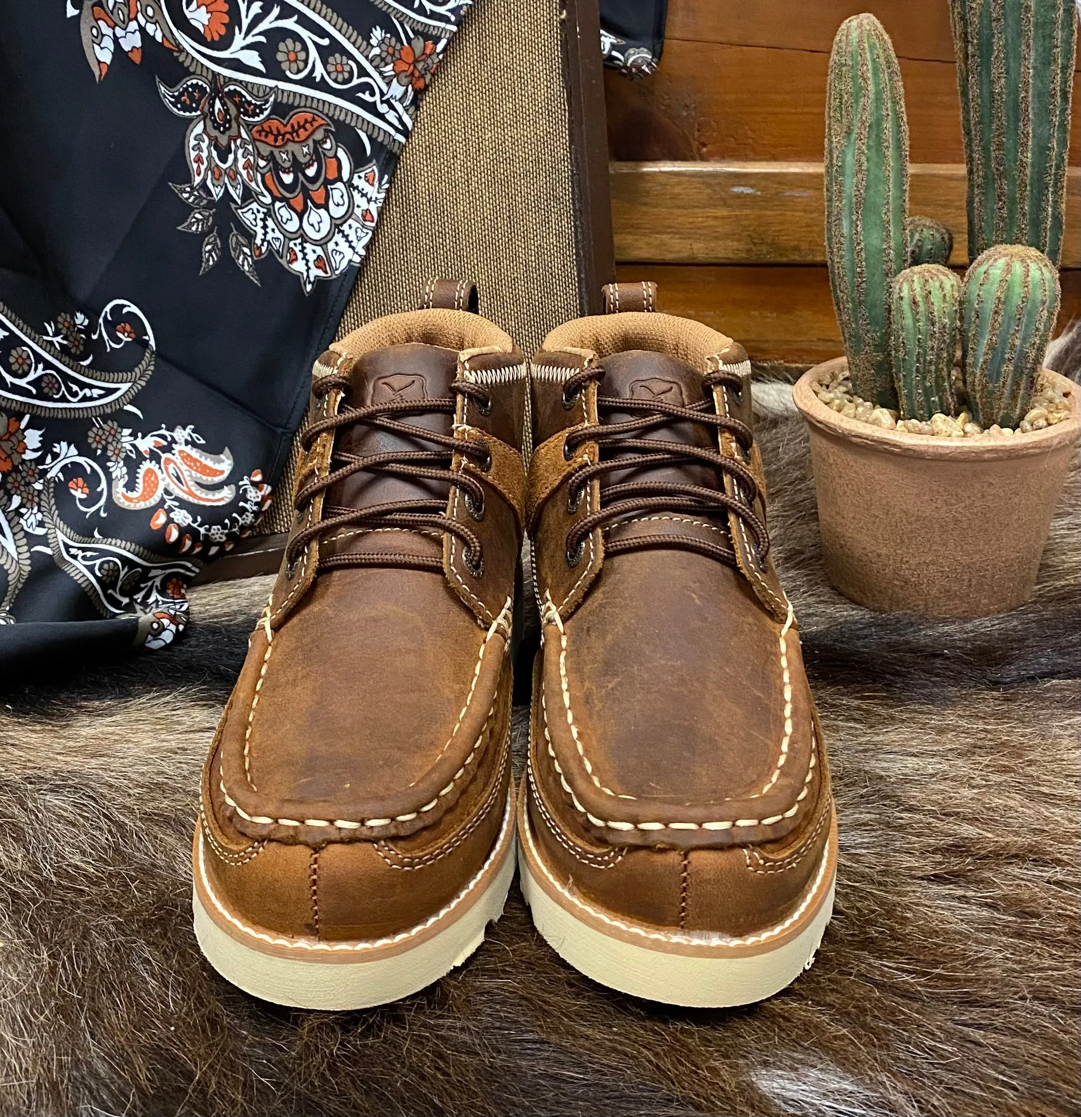 Twisted X Kids Wedge Sole Lace Up Oiled Saddle Leather Casual Boot YCA0001 mom style Neutral Finish