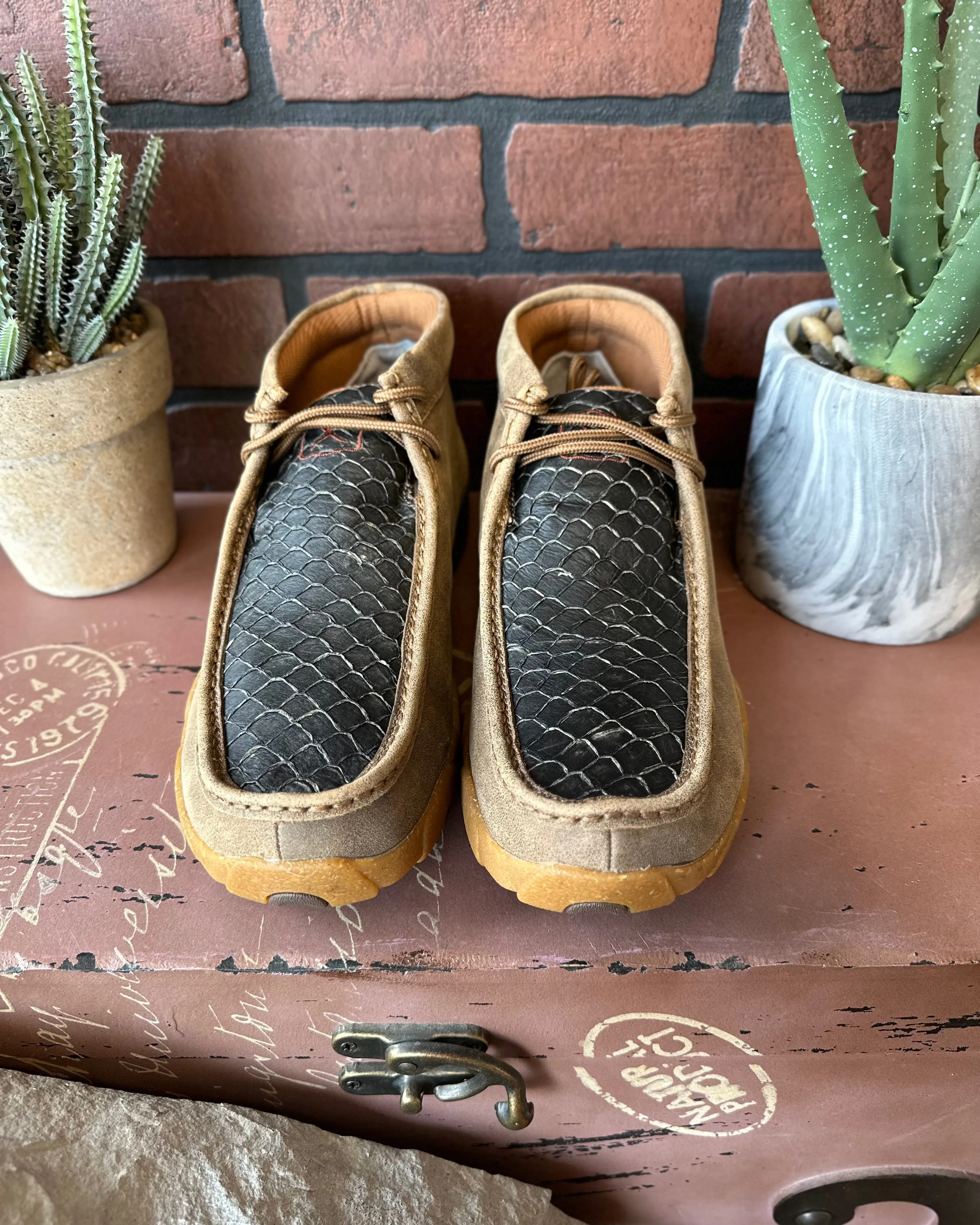 Strong Grip Twisted X Men's 4" Chukka Black Fish Print & Bomber Leather Driving Moc Shoe MDM0101