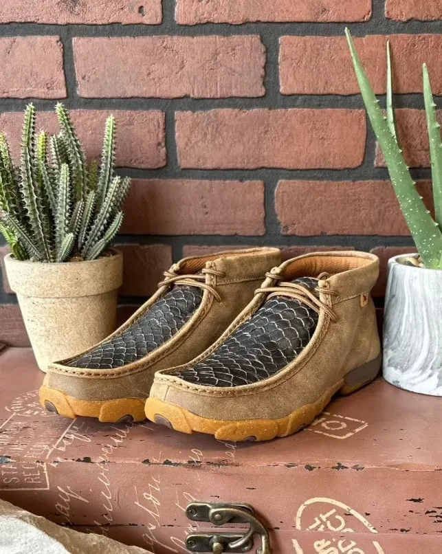 Twisted X Men's 4" Chukka Black Fish Print & Bomber Leather Driving Moc Shoe MDM0101 Neutral Wear