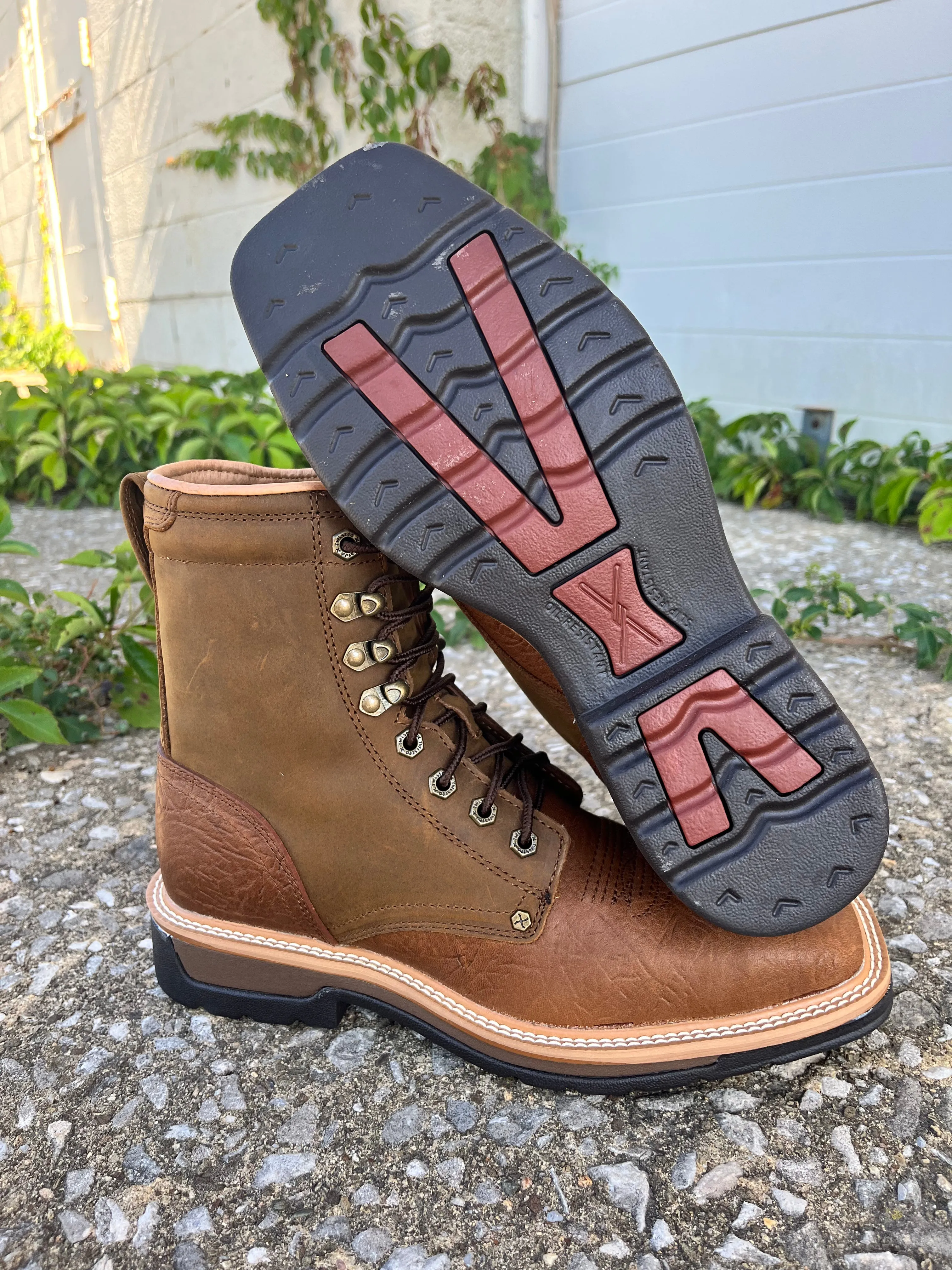 Twisted X Men's Brown Leather 8 Lace Up Steel Toe Work Boot MLCSL01 Quick Pull Non-Slip Sole