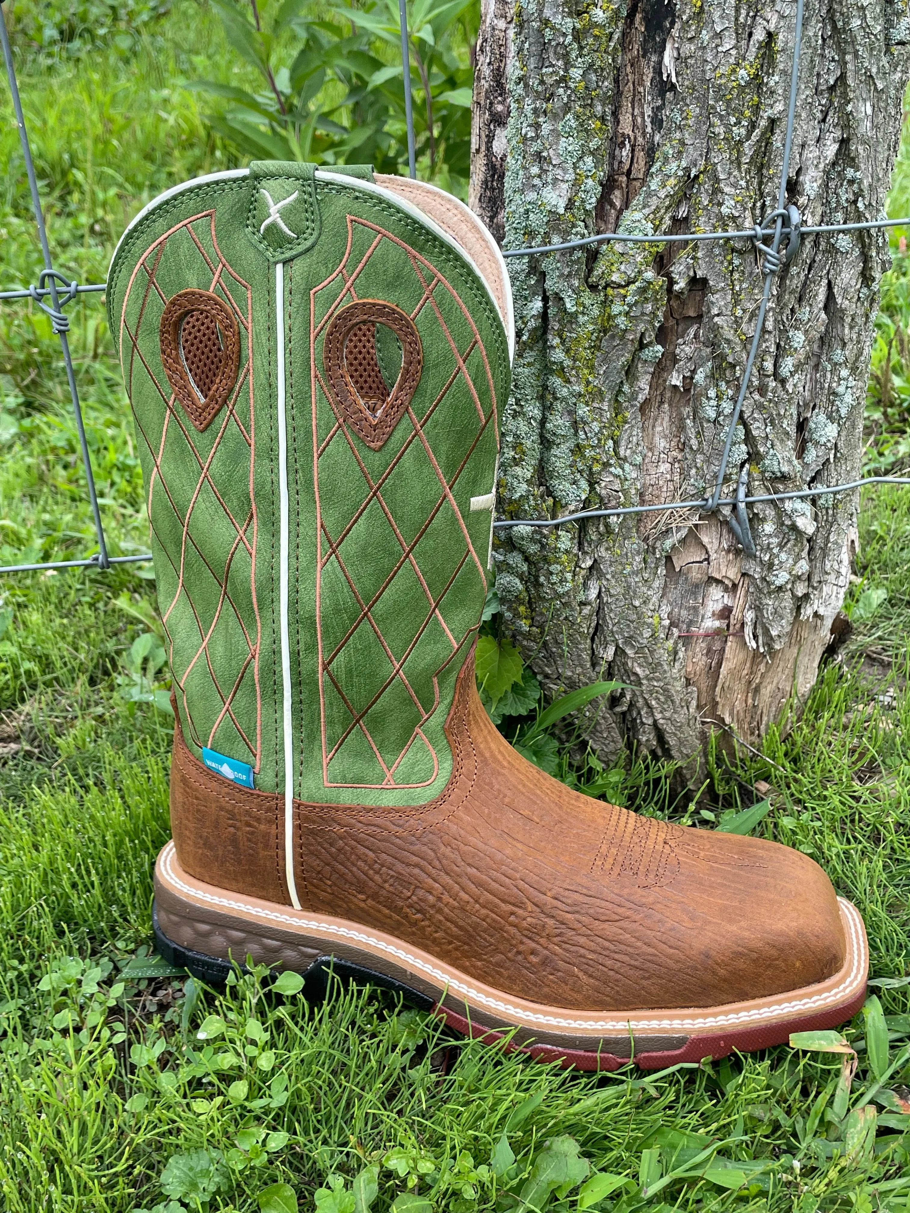 Twisted X Men's Caramel Cafe & Green Nano Safety Toe Toe Work Boots MXBNW07 Windproof Design