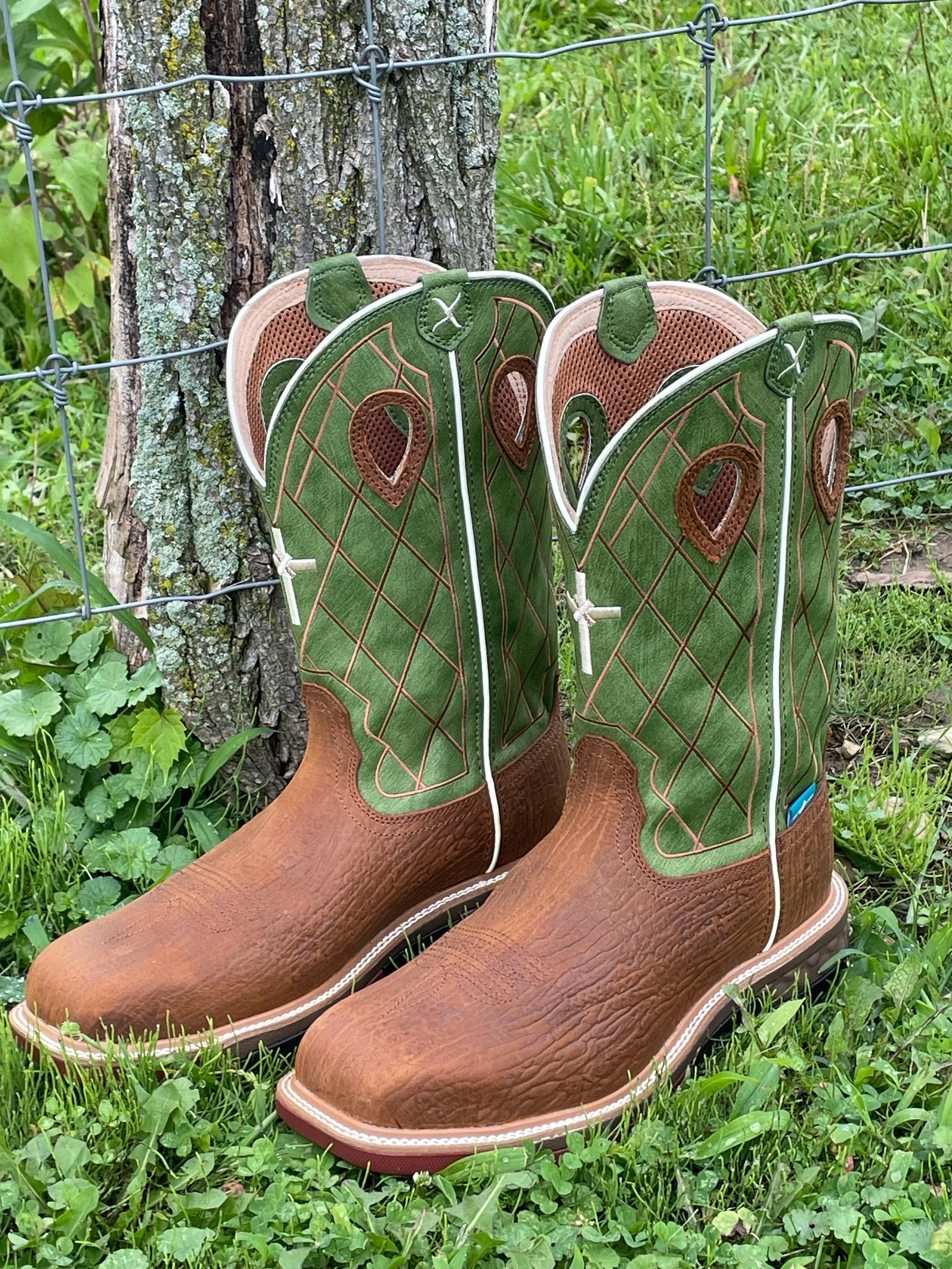 Secure And Comfortable Twisted X Men's Caramel Cafe & Green Nano Safety Toe Toe Work Boots MXBNW07