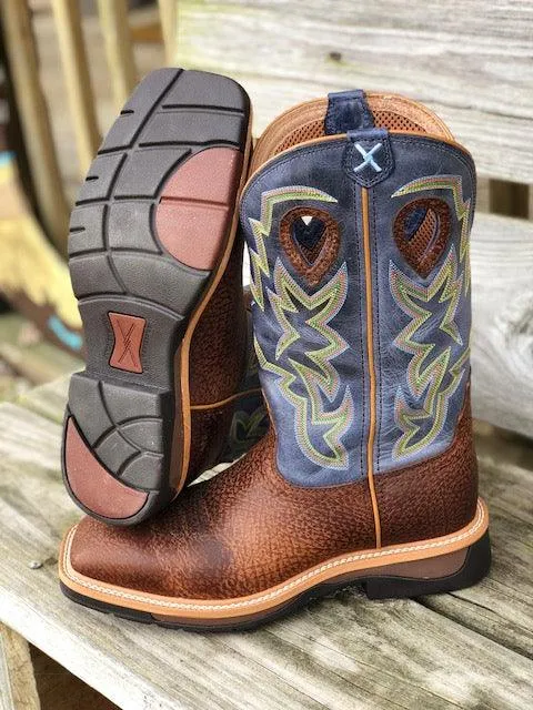 Twisted X Men's Distressed Brown & Navy  Square Toe Western Work Boots MLCW016 Ankle Coverage