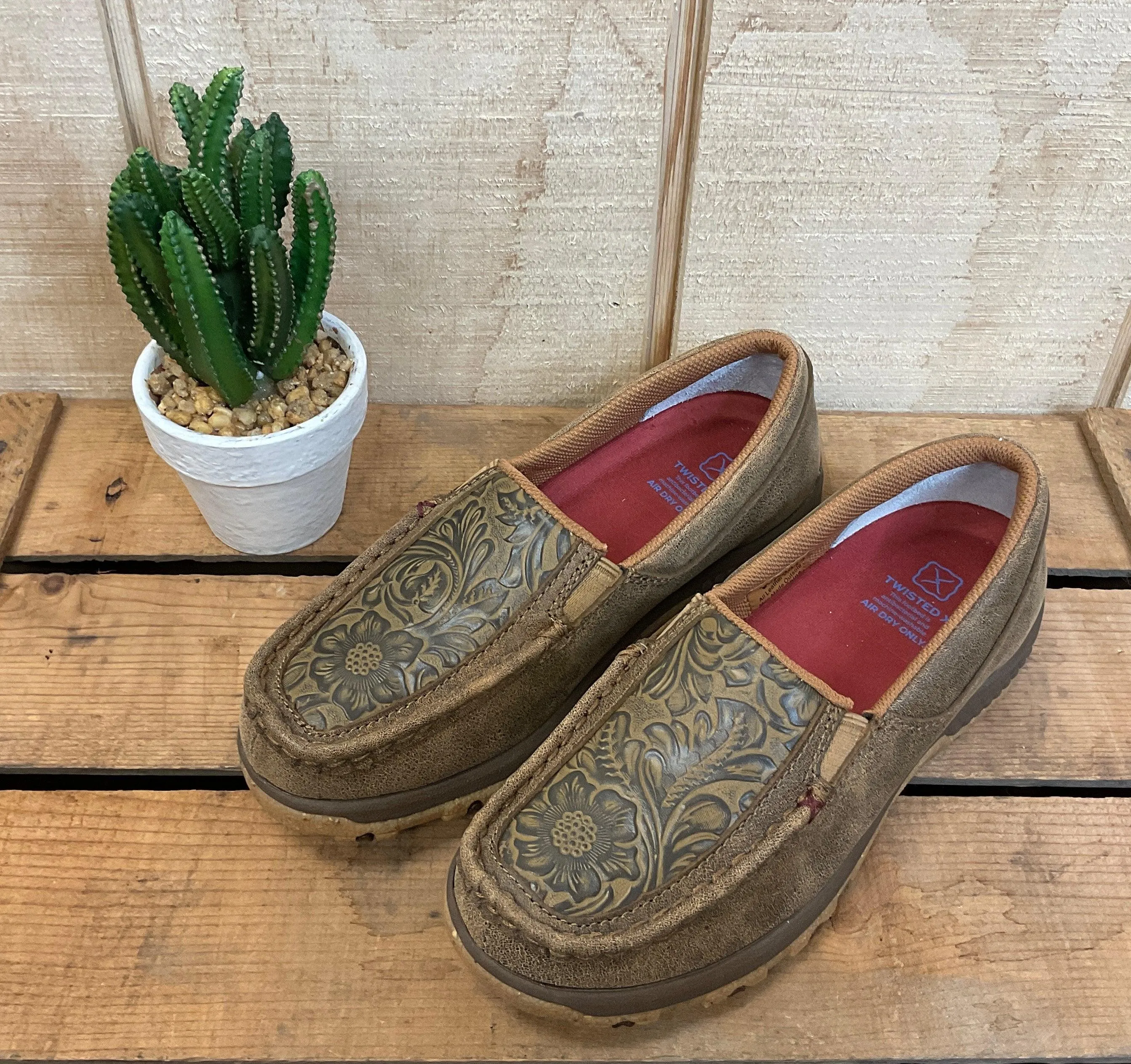 Twisted X Women's Brown Bomber Leather & Tooled Slip On Driving Moc Casual Shoe WXC0013 Comfort Leather Upper