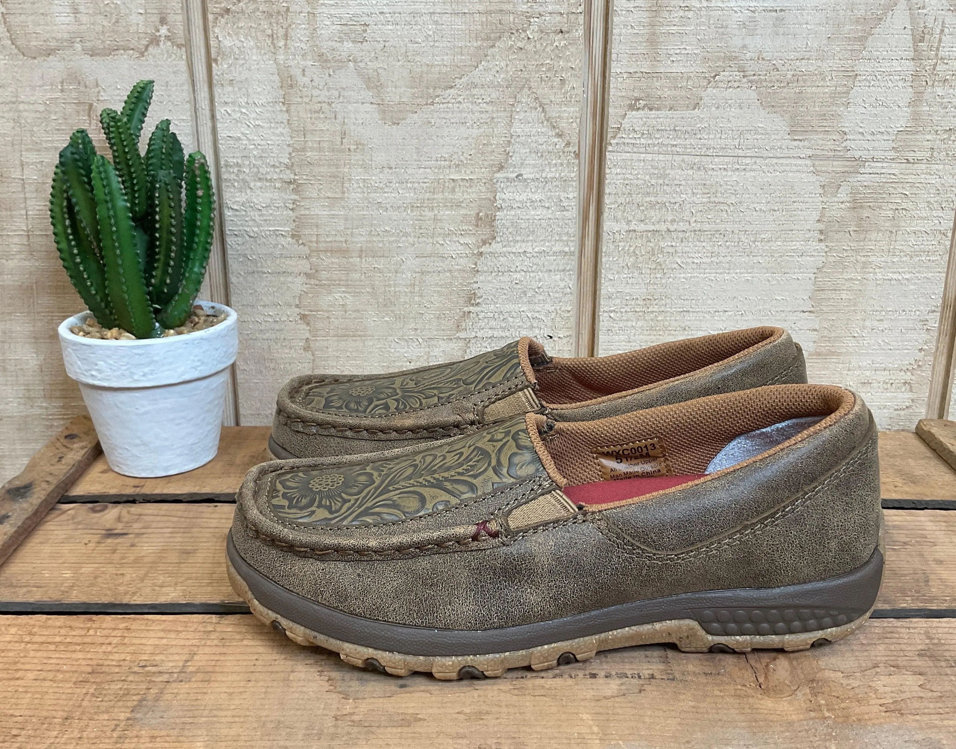 Office Style Twisted X Women's Brown Bomber Leather & Tooled Slip On Driving Moc Casual Shoe WXC0013