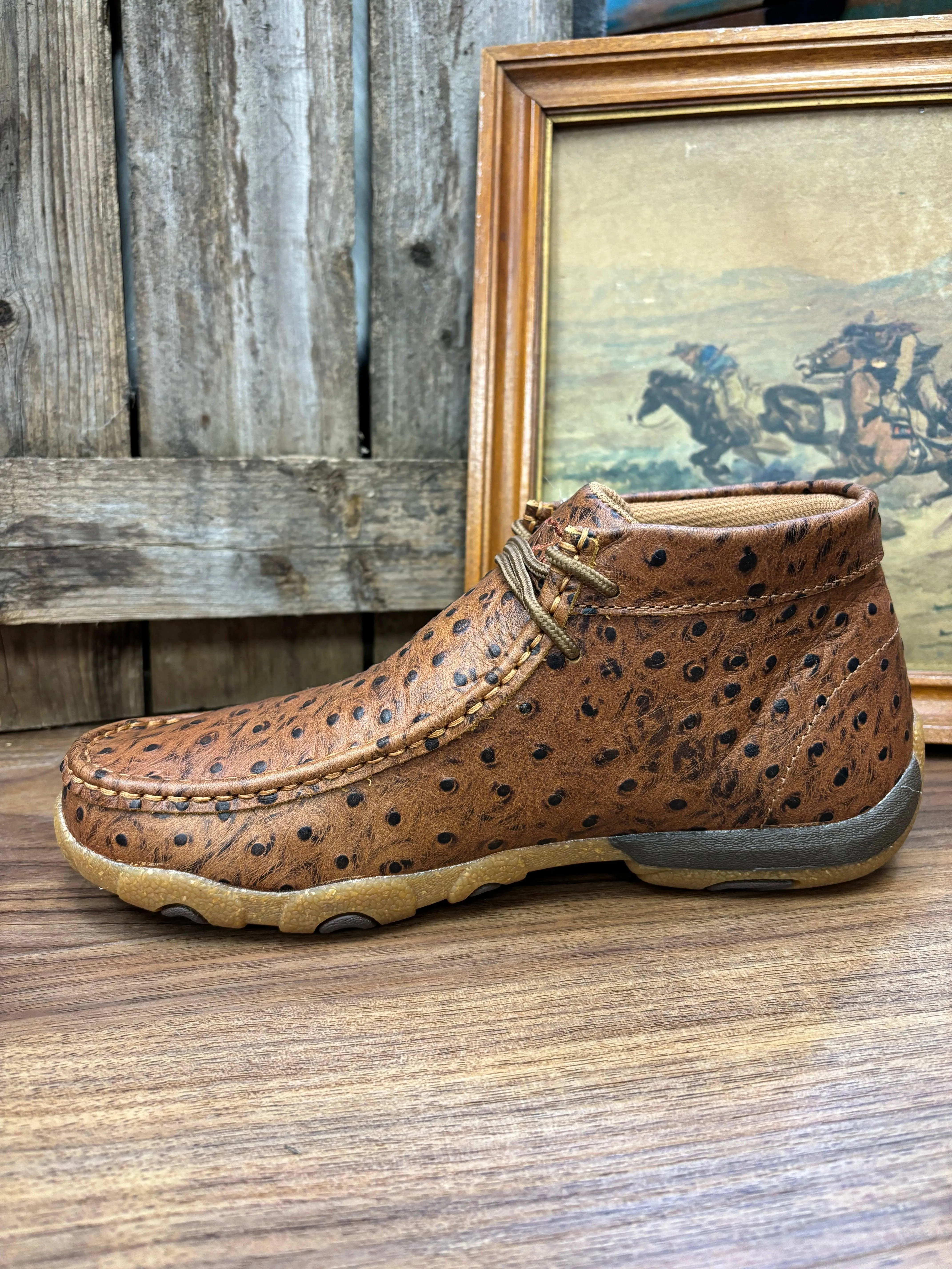 Twisted X Women's Cognac Ostrich Print Leather Chukka Driving Moc Shoe WDM0157 Sky Blue