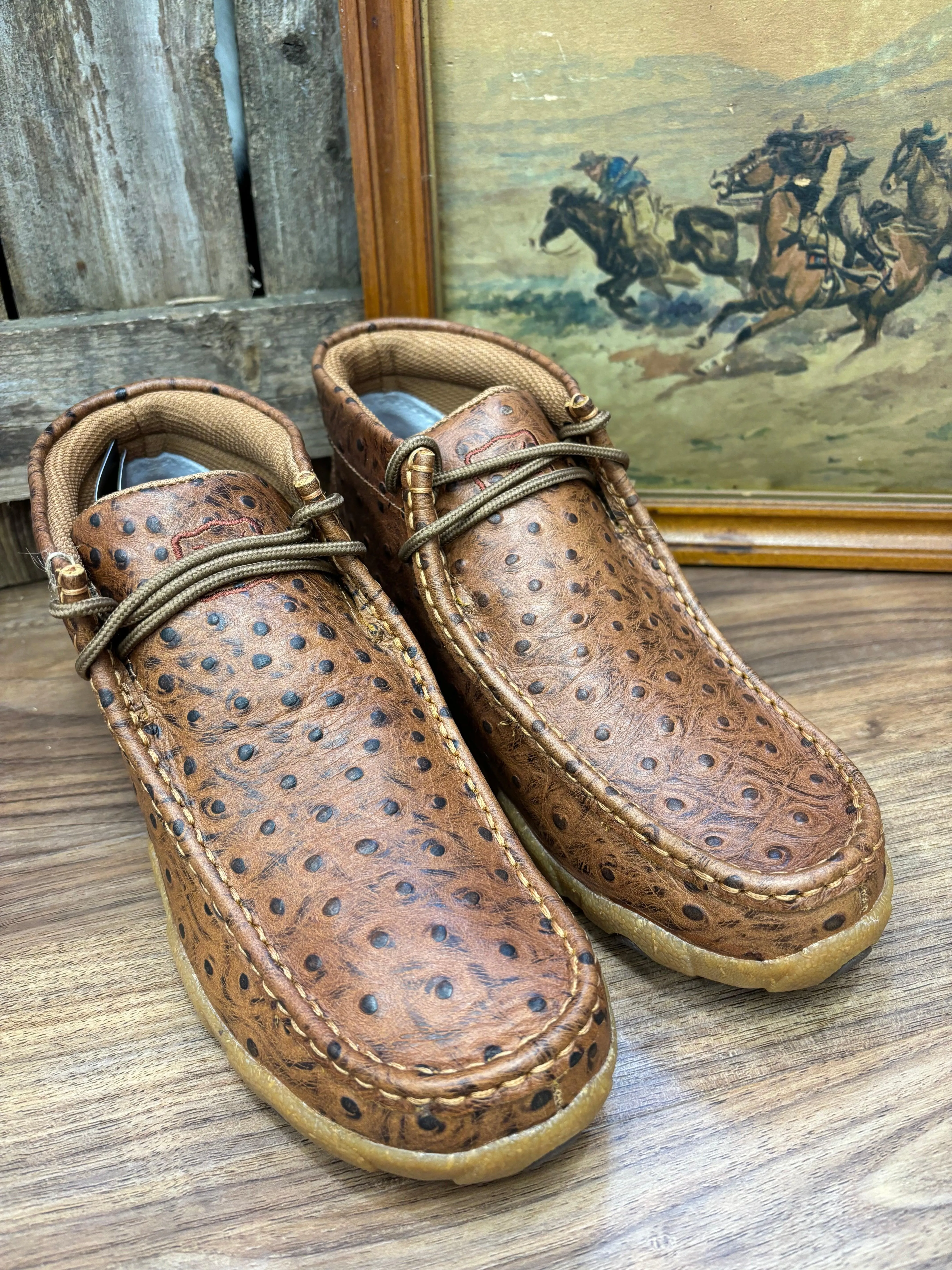 Twisted X Women's Cognac Ostrich Print Leather Chukka Driving Moc Shoe WDM0157 Comfort support Video Look