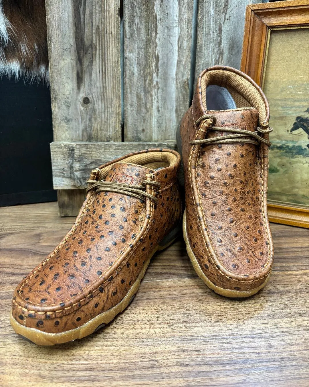 Twisted X Women's Cognac Ostrich Print Leather Chukka Driving Moc Shoe WDM0157 Comfort Run Work Ready