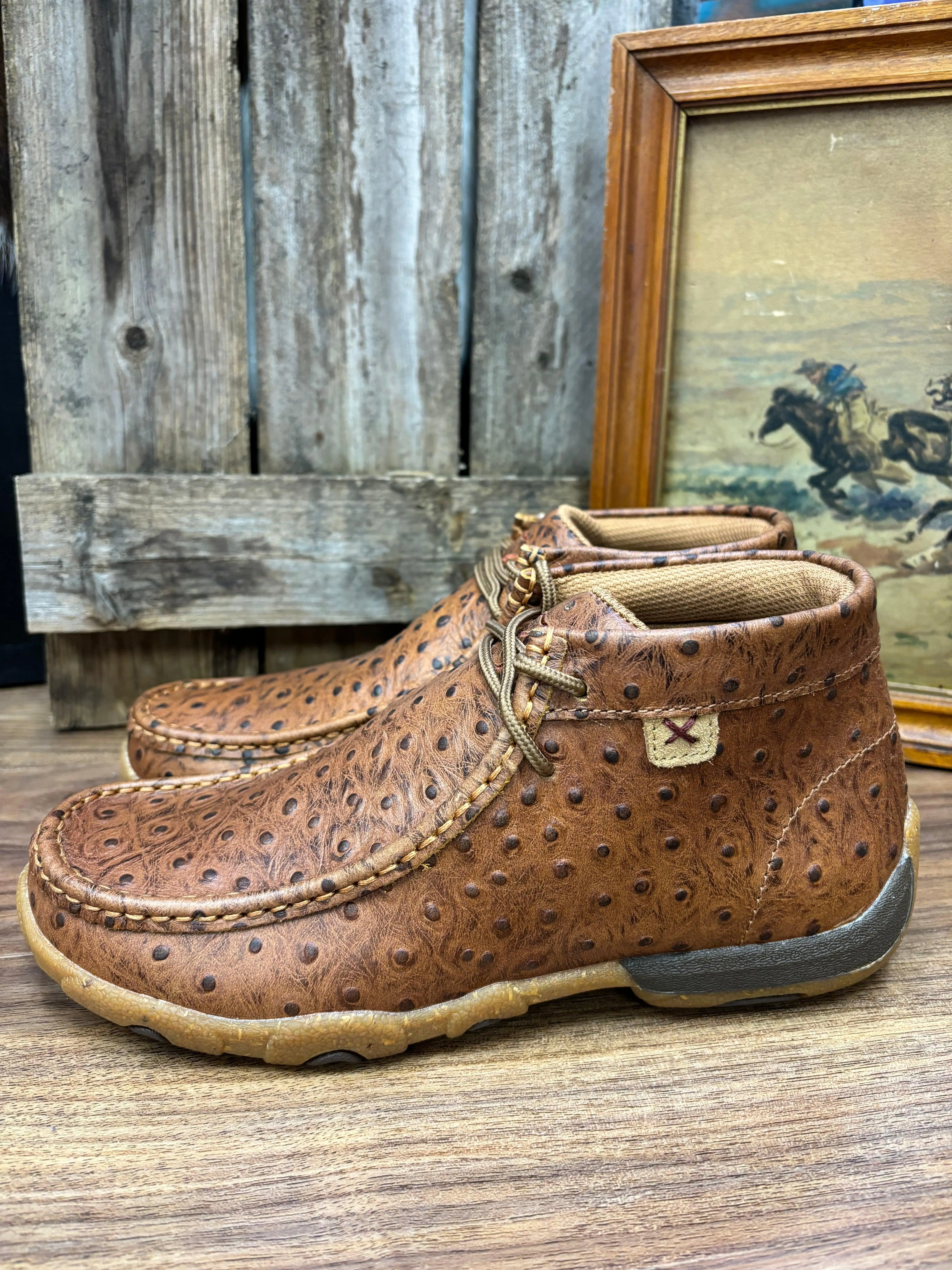 Twisted X Women's Cognac Ostrich Print Leather Chukka Driving Moc Shoe WDM0157 Quick Jog Ice Step